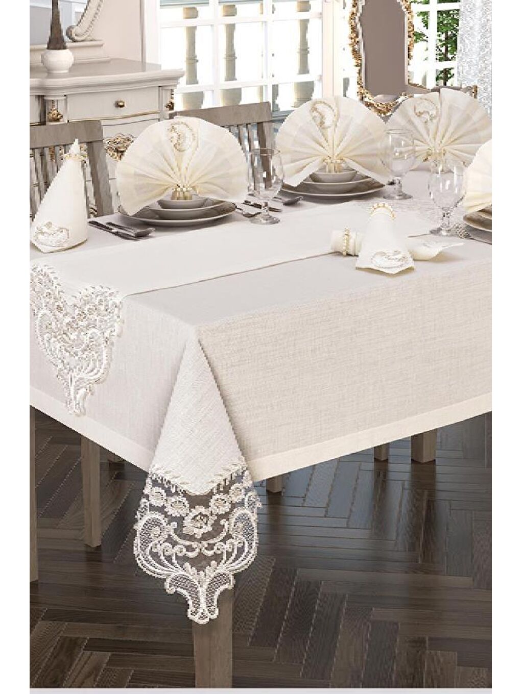 Ekru Crown Linen Fransız Güpürlü Masa Örtüsü Takımı 26 Parça Krem