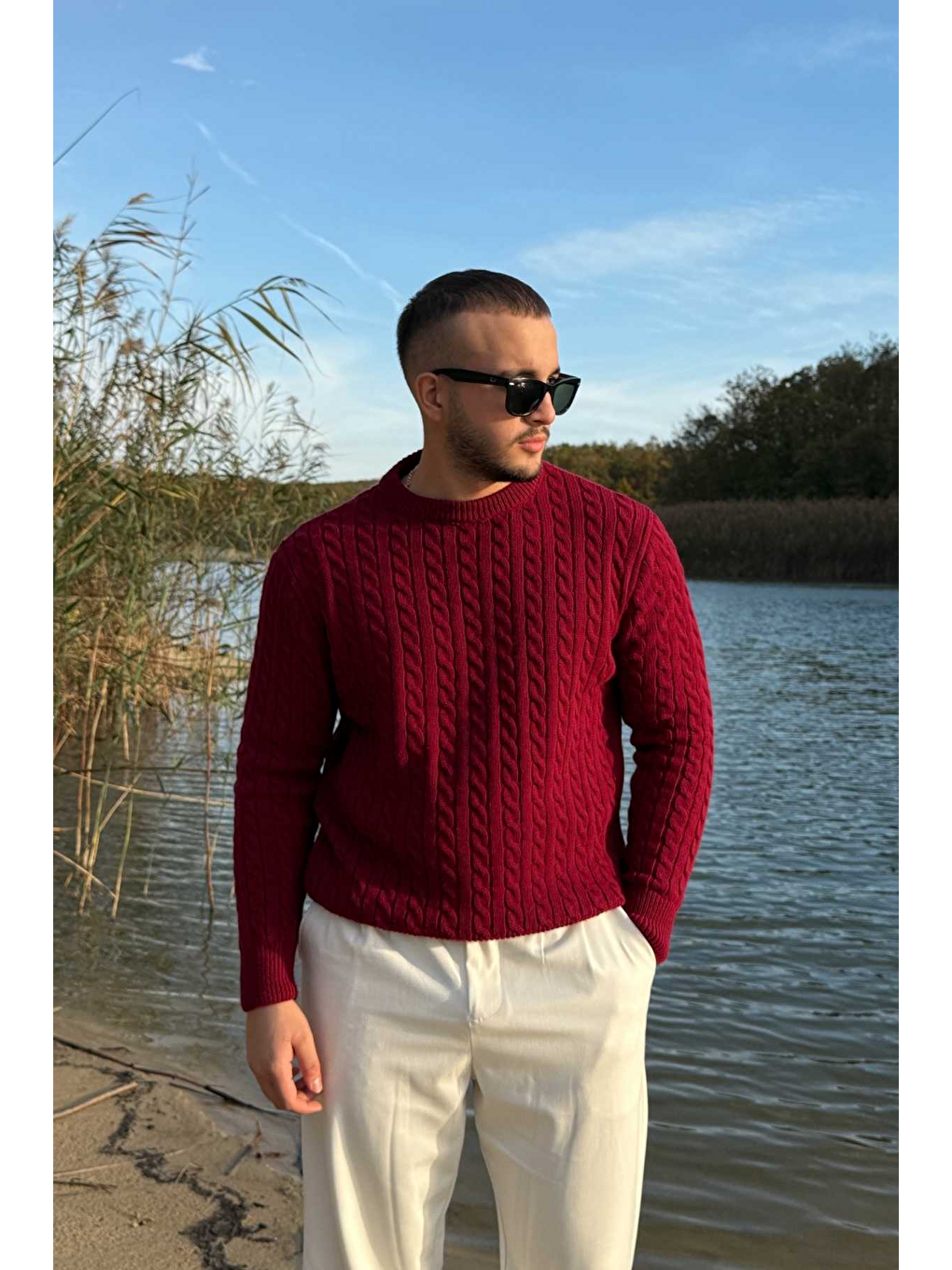 Bordo Mira Premium Saç Örgü Bisiklet Yaka Kalın Triko Kazak-3
