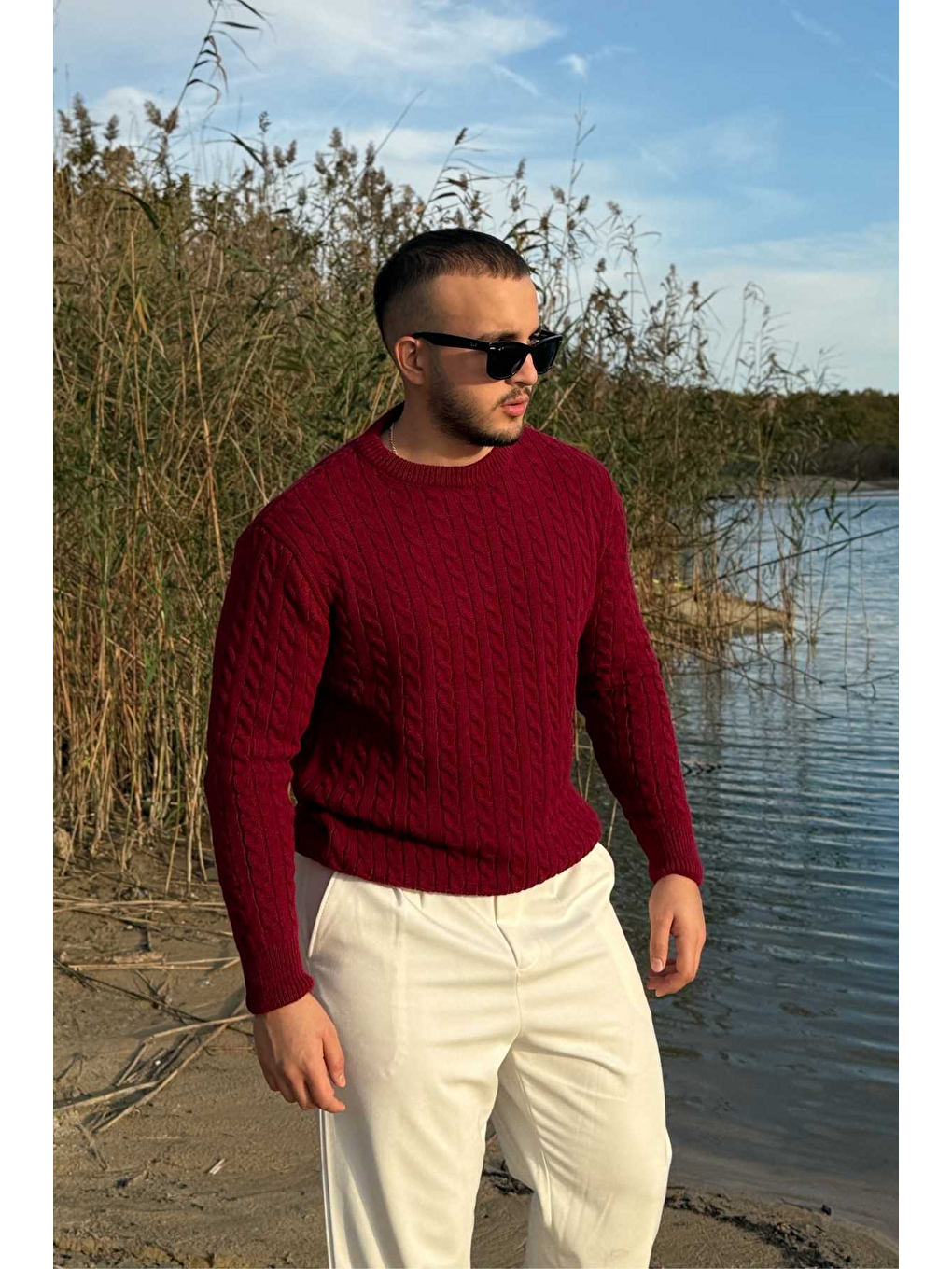 Bordo Mira Premium Saç Örgü Bisiklet Yaka Kalın Triko Kazak-4