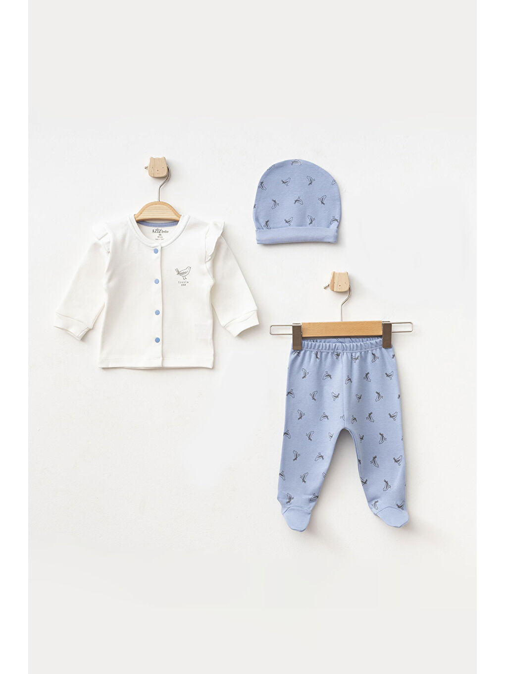 Mor Kız Bebek Kuş Desenli Zıbın Pantolon Bere 3'lü Alt Üst Bebek Takımı 0 Ay-6 Ay