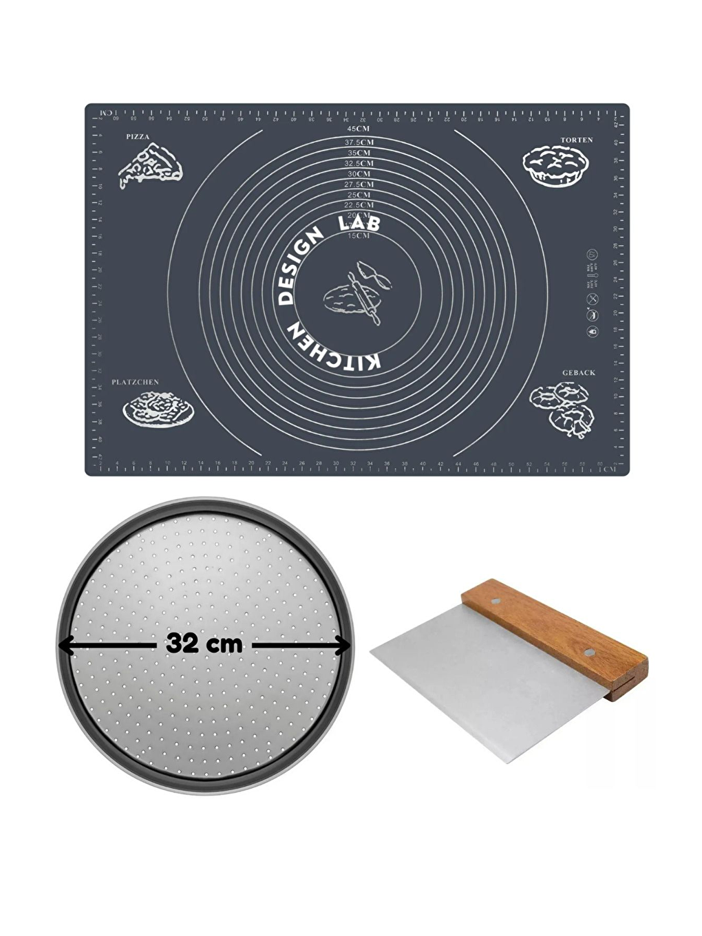 Gri Silikon Hamur Açma Matı 45 x 65 cm 32 cm Pizza Tepsisi ve Ahşap Saplı Hamur ve Pizza Kesici