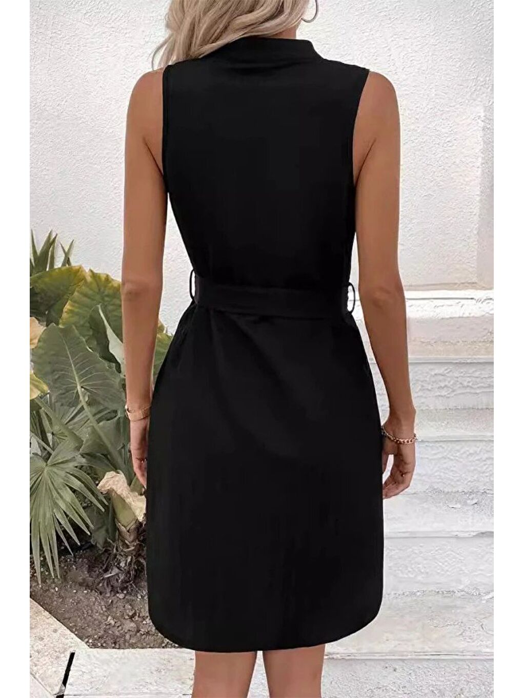 Siyah Kadın Sıfır Kollu Hakim Yaka önden Düğmeli Belden Kuşaklı Ithal Keten Elbise-2