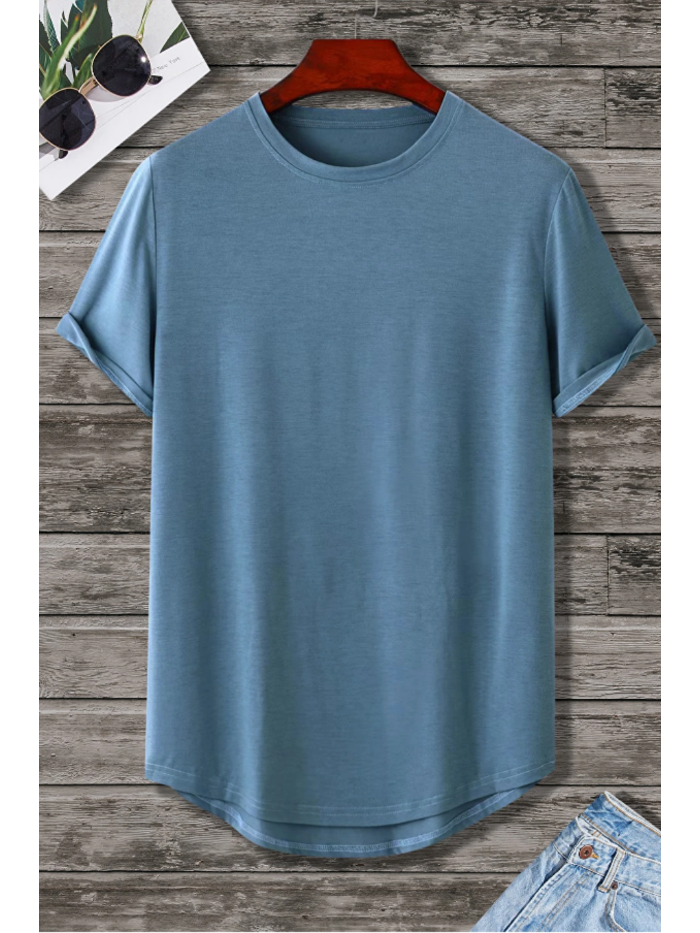 Erkek Mavi Bisiklet Yaka Oval Etek Salaş %100 Pamuk Basic T-Shirt