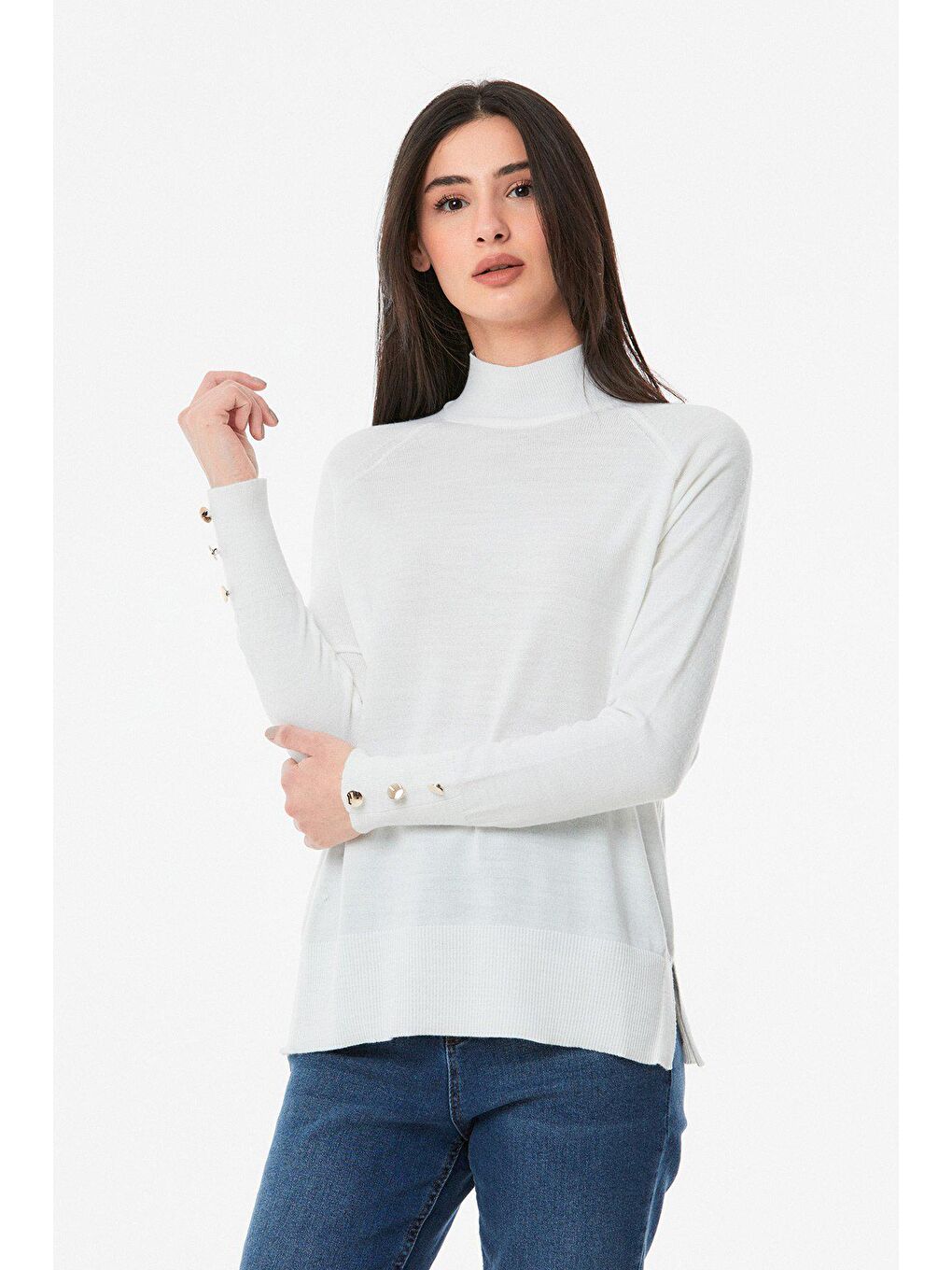 Ekru Düğme Detaylı Dik Yaka Triko Bluz-2