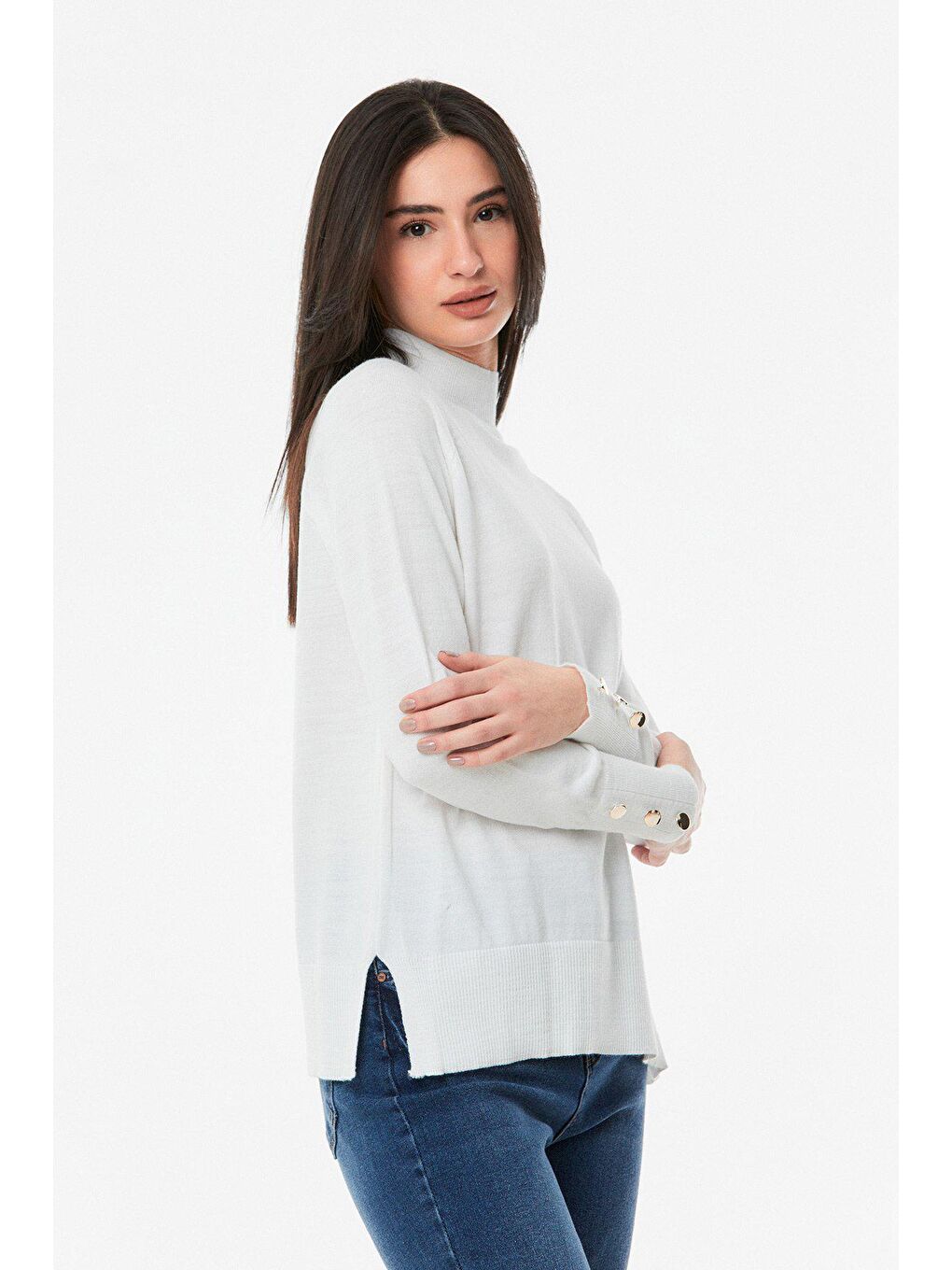 Ekru Düğme Detaylı Dik Yaka Triko Bluz-3