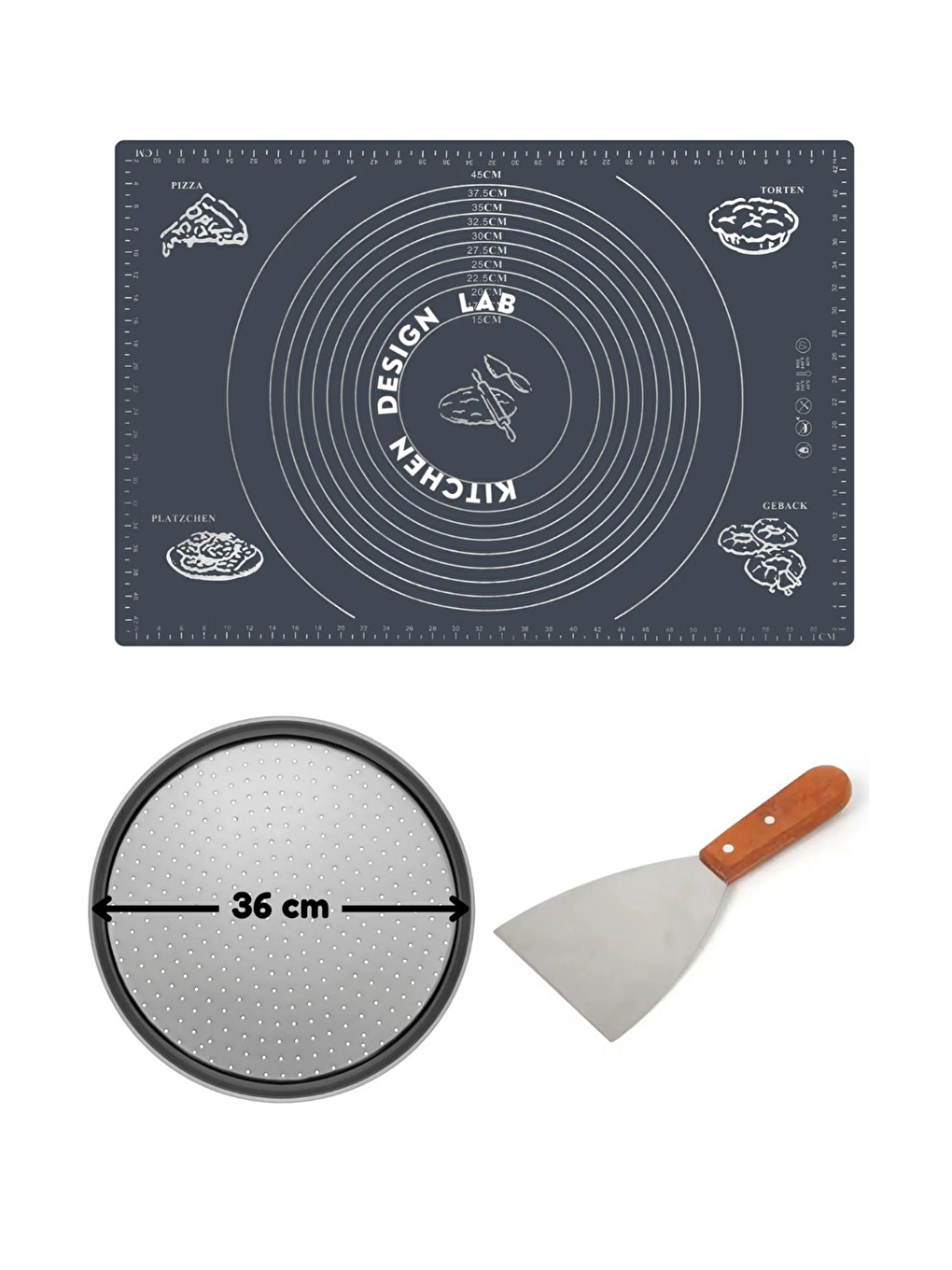 Gri  Hamur Açma Matı 45 x 65 cm 36 cm Pizza Tepsisi ve Ahşap Uzun Saplı Hamur ve Pizza Kesici