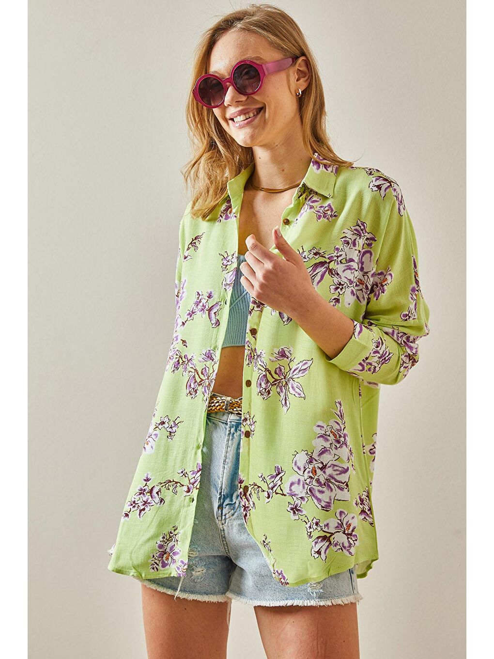 Fıstık Yeşili Desenli Salaş Dokulu Gömlek 5YXK2-47971-41-1