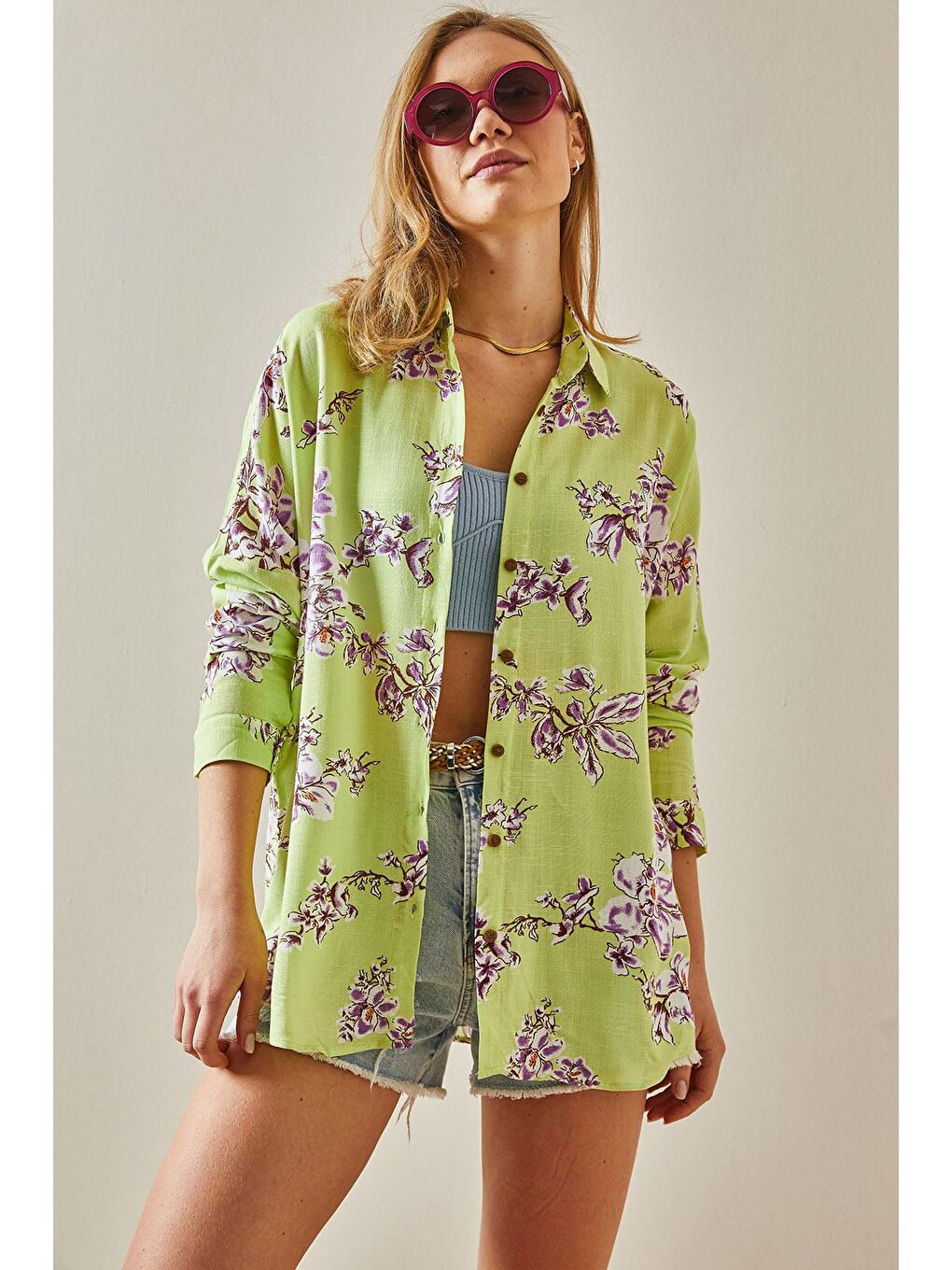 Fıstık Yeşili Desenli Salaş Dokulu Gömlek 5YXK2-47971-41-2