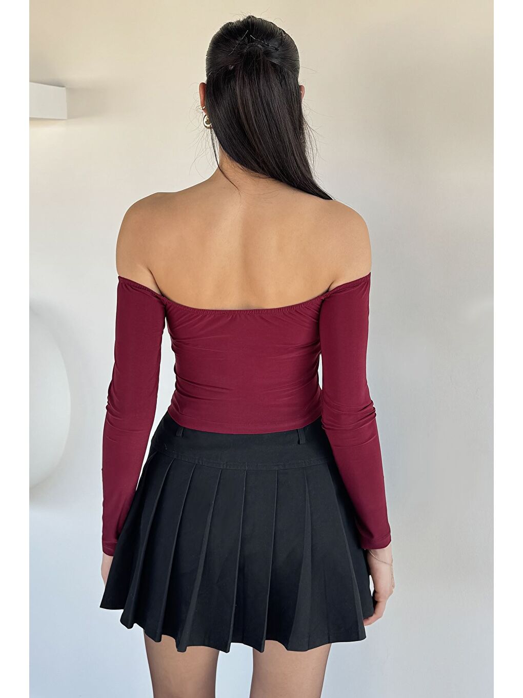 Bordo Kadın Ön Büzgü Detaylı Elastanlı Asimetrik Kesim Crop Top Bluz-3