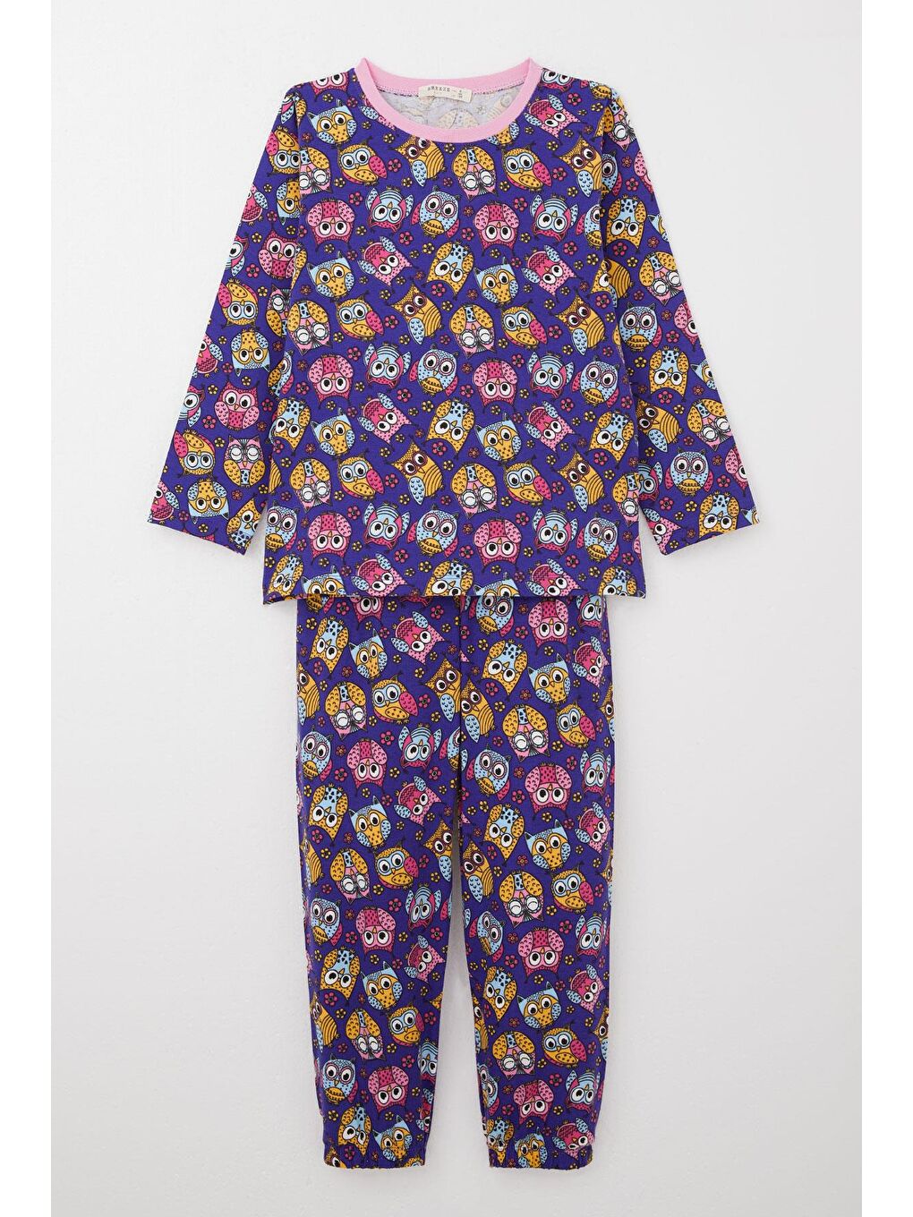 Kız Çocuk Pijama Takımı Renkli Sevimli Baykuş Desenli Mor (4-5 Yaş)