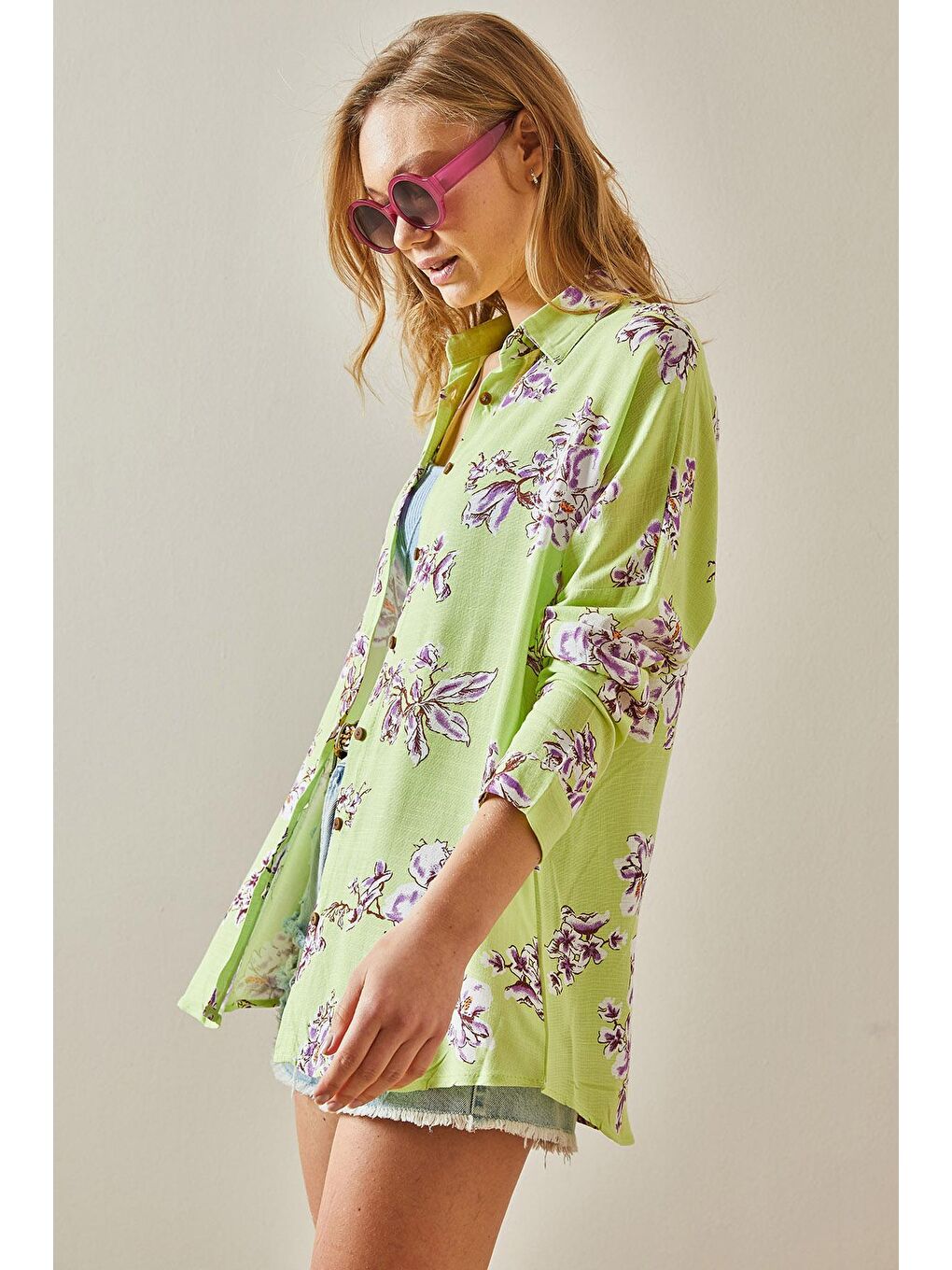 Fıstık Yeşili Desenli Salaş Dokulu Gömlek 5YXK2-47971-41-3