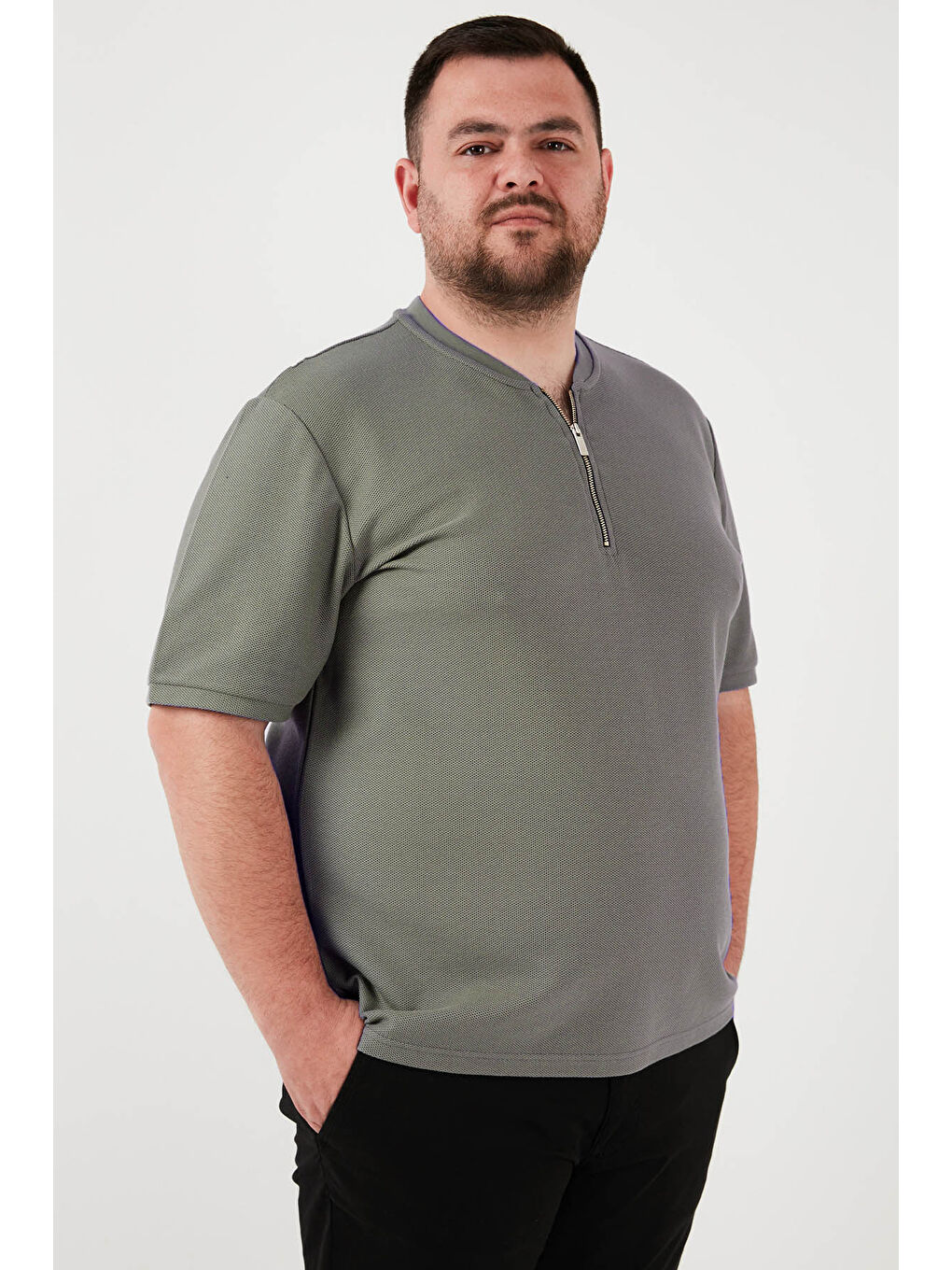 Haki Pamuklu Regular Fit Büyük Beden Erkek %100 Pamuk Tişört 5902653B-1