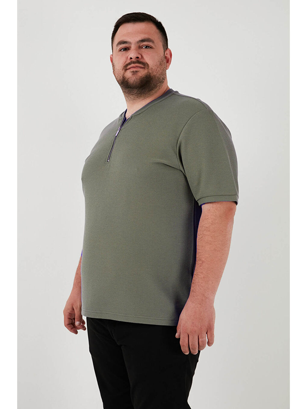 Haki Pamuklu Regular Fit Büyük Beden Erkek %100 Pamuk Tişört 5902653B-2