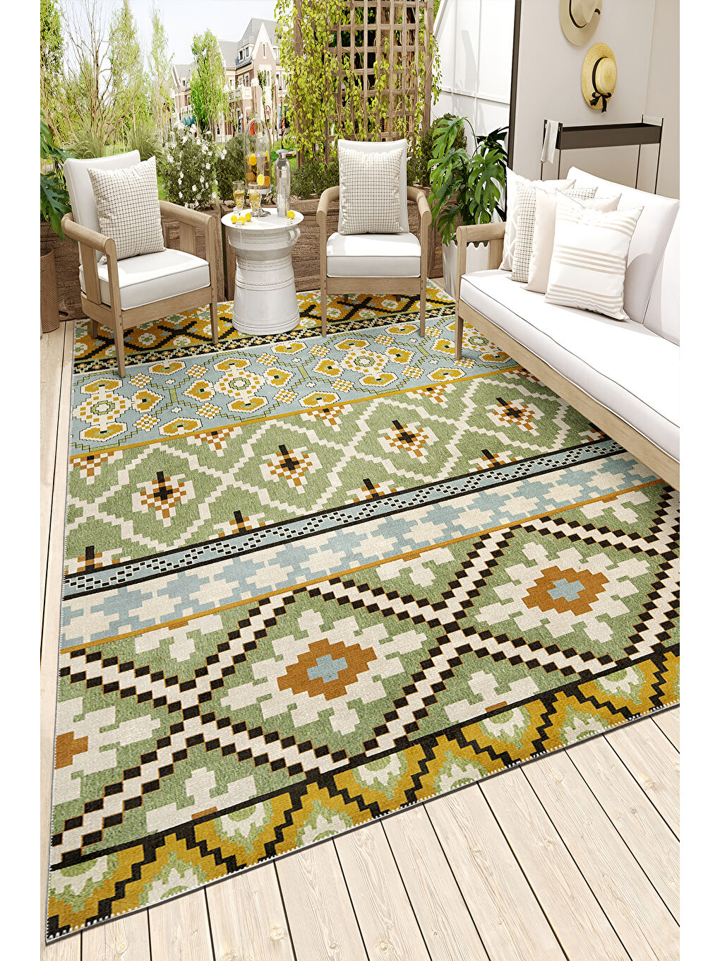 Sarı Dekoratif Salon Halısı, Makinada Yıkanabilir, Kaymaz Taban, İnce & Modern Tasarım-3