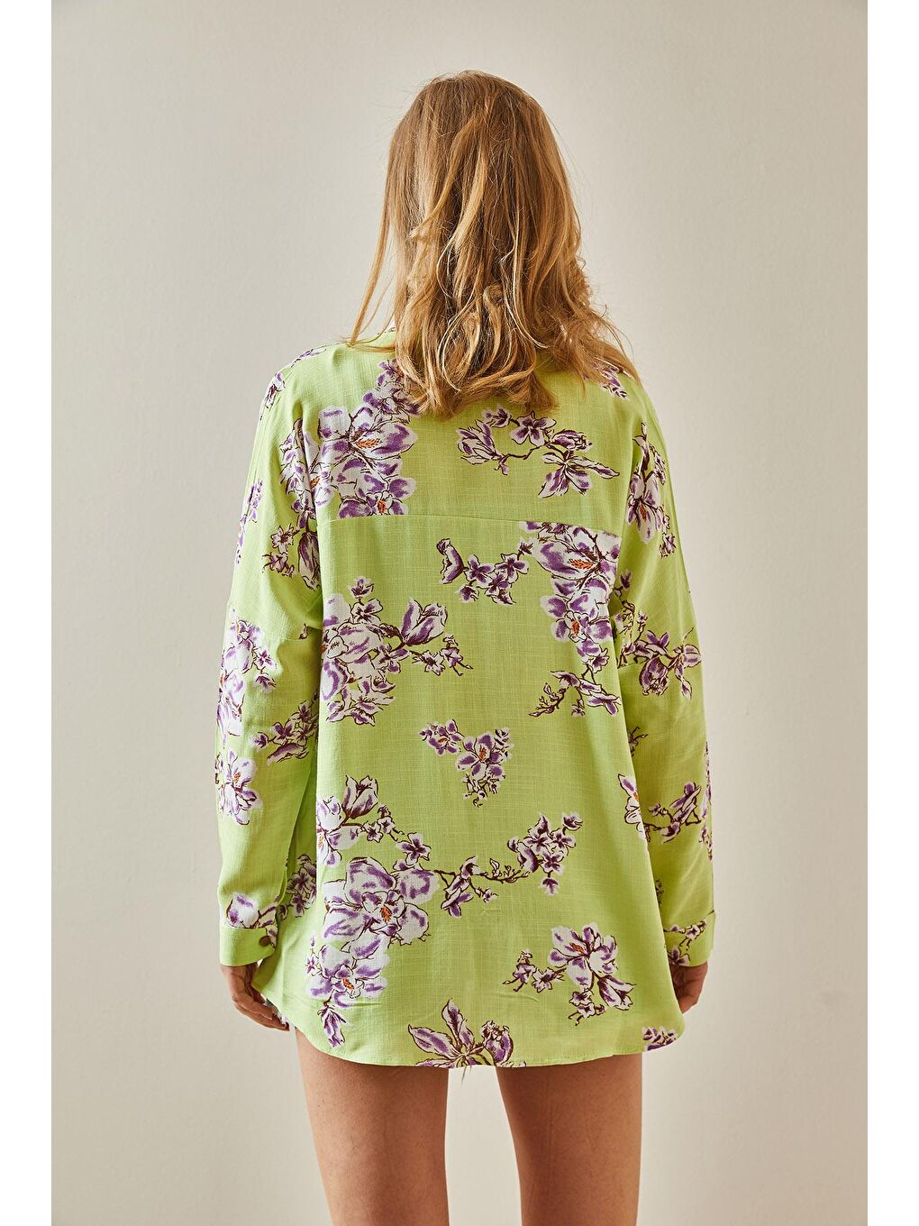 Fıstık Yeşili Desenli Salaş Dokulu Gömlek 5YXK2-47971-41-4