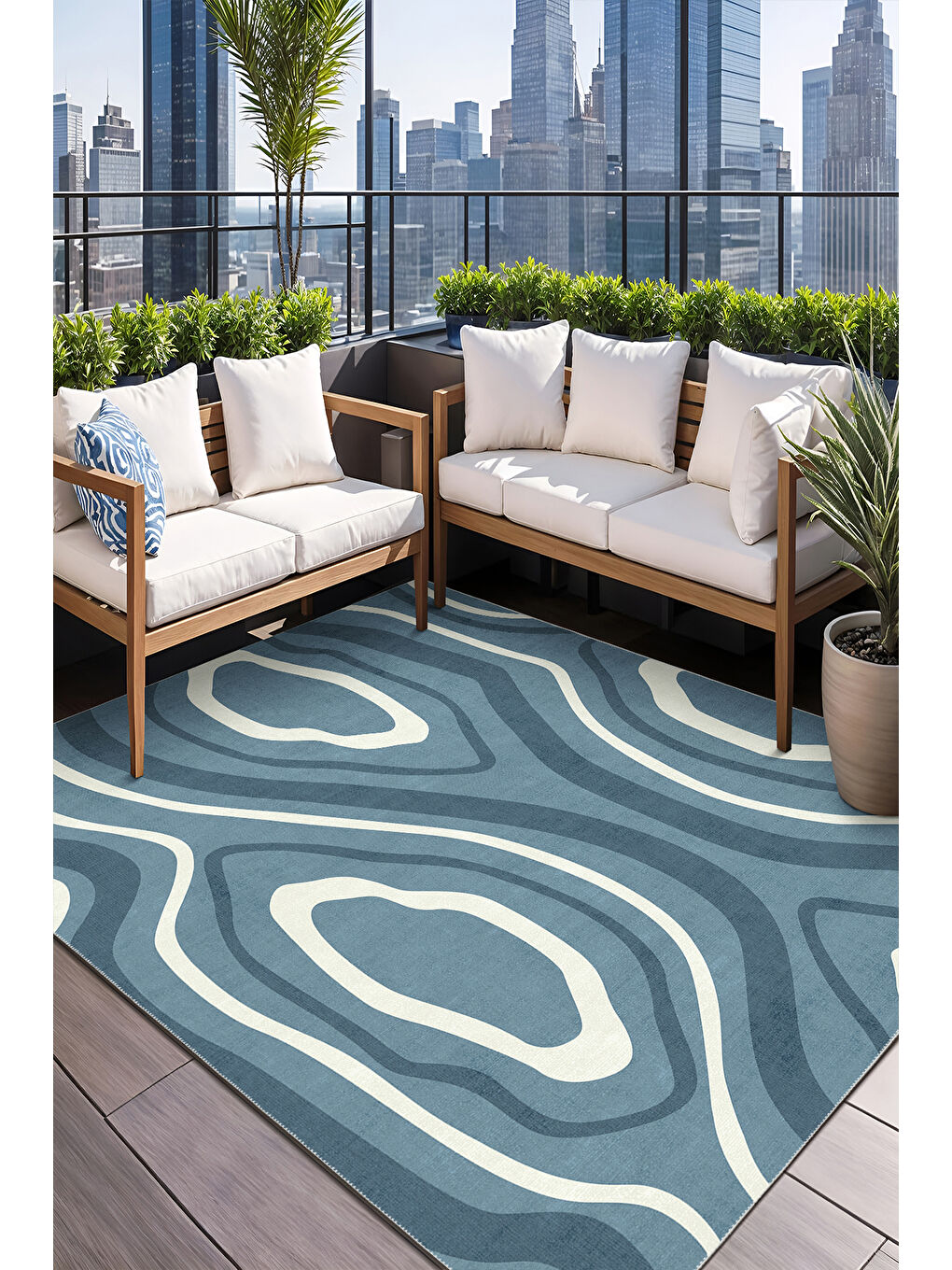 Mavi Dekoratif Salon Halısı, Makinada Yıkanabilir, Kaymaz Taban, İnce & Modern Tasarım-2