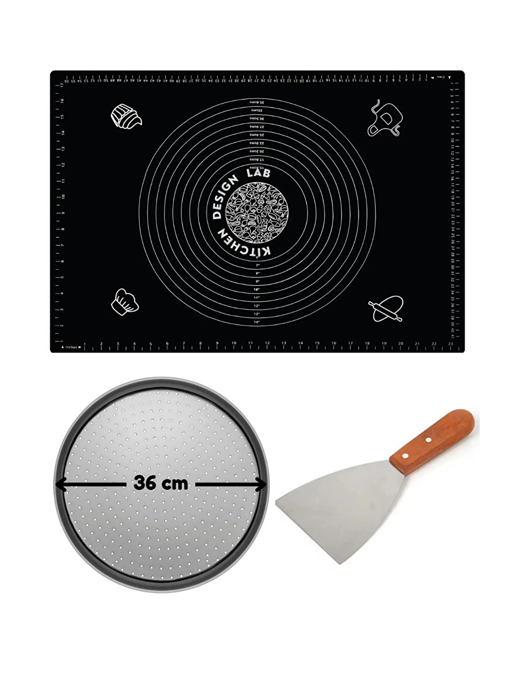 Gri Siyah Hamur Açma Matı 45 x 65 cm 36 cm Pizza Tepsisi ve Ahşap Uzun Saplı Hamur ve Pizza Kesici