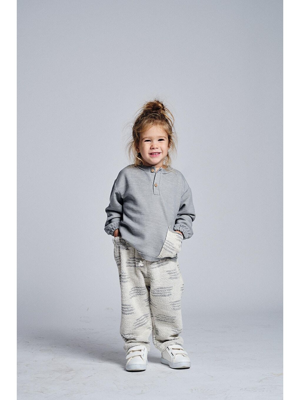 Gri Unisex Etnik Desen Düğmeli 2'li Takım