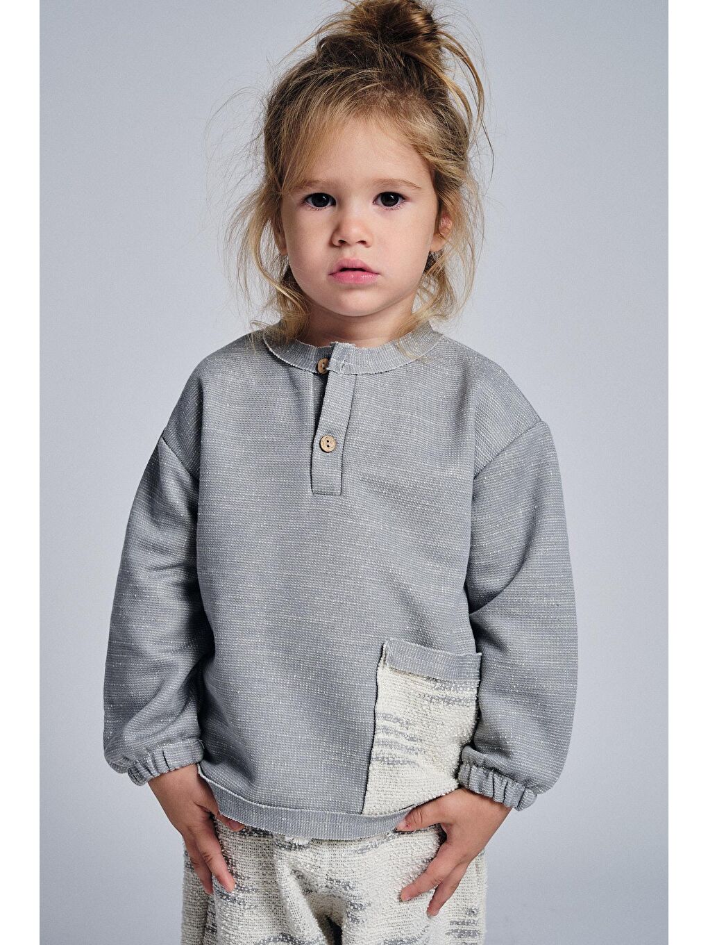 Gri Unisex Etnik Desen Düğmeli 2'li Takım-1