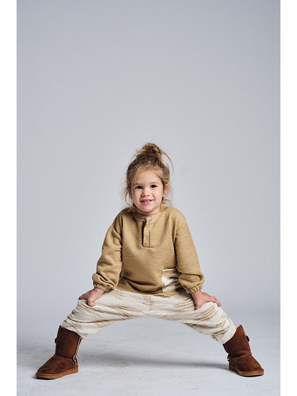 Bej Unisex Etnik Desen Düğmeli 2'li Takım-1