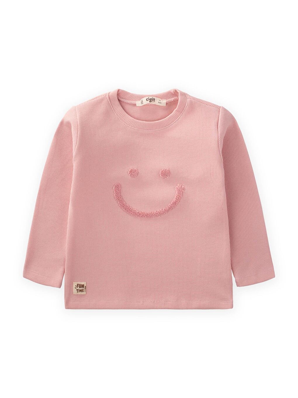 CİGİT Bebek Pembe Smile Süzene Nakışlı Waffle Sweatshirt 2-10 Yaş Bebek Pembe