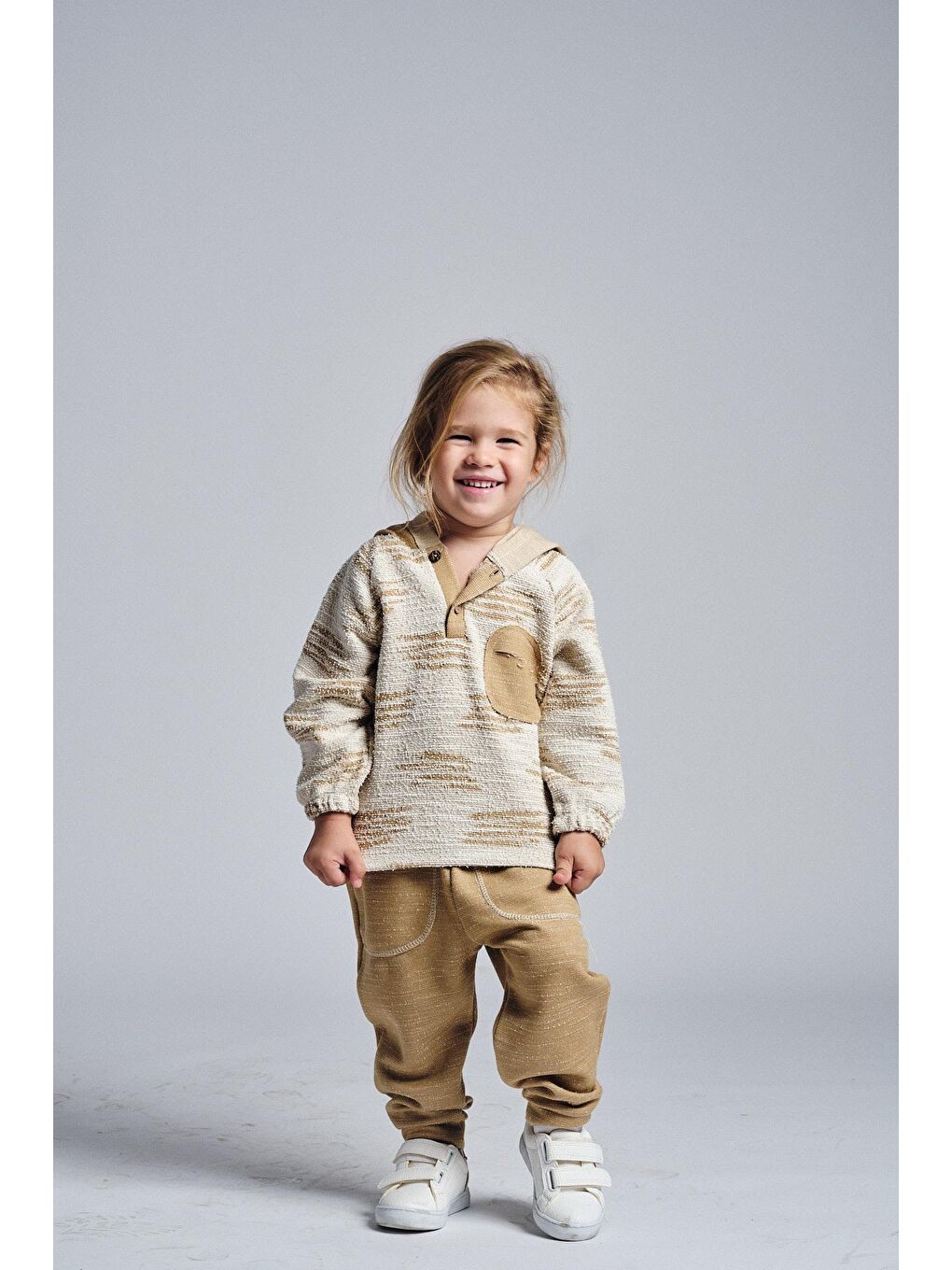 Bej Unisex Etnik Desen Kapüşonlu 2'li Takım