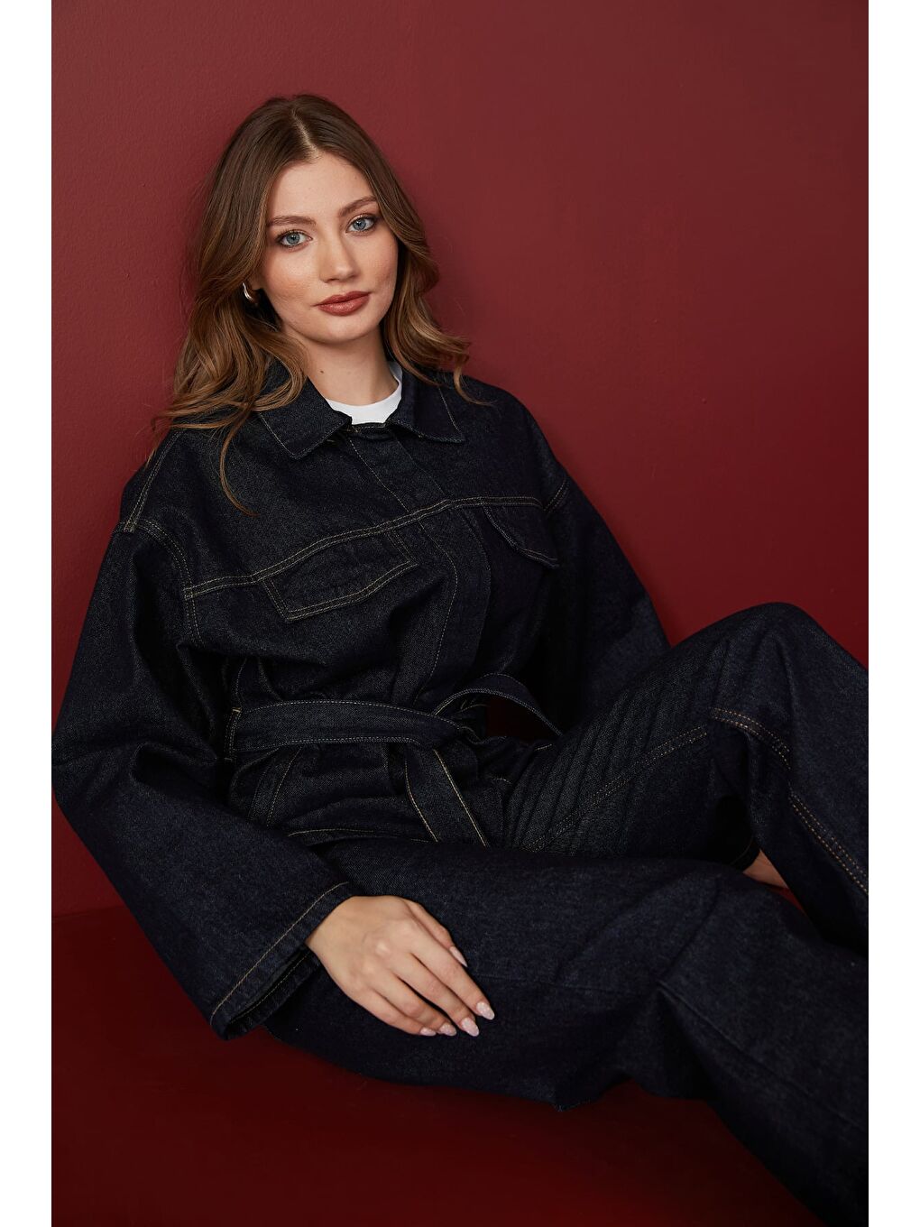 Lacivert Beli Kuşaklı Çıtçıtlı Jean 2 Li Takım-1