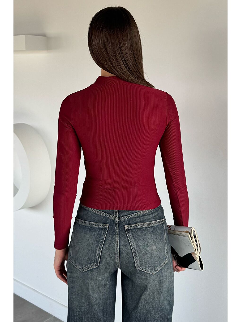 Bordo Kadın Ön Pencere Detaylı Kendinden Desenli Bluz-3