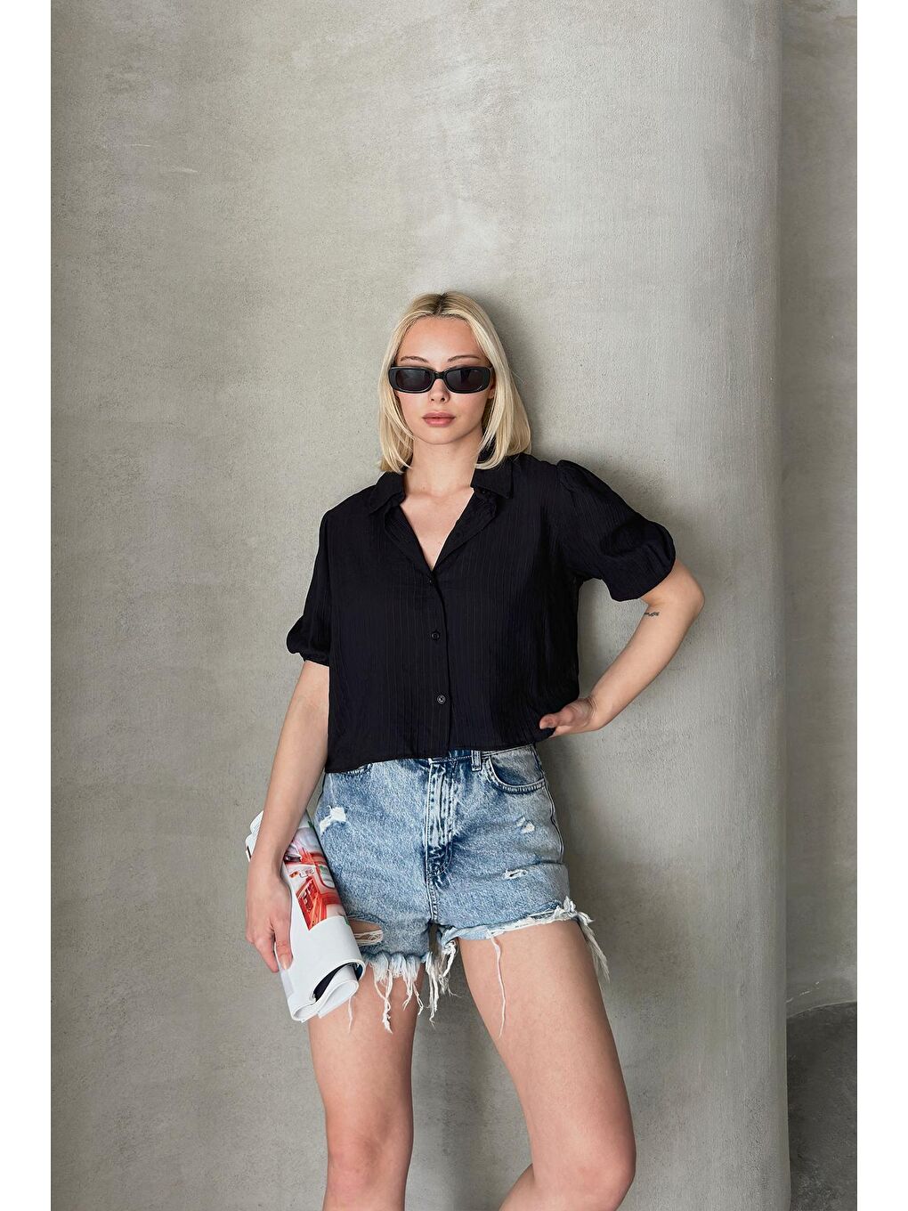 Siyah Prenses Kol Crop Çizgili Gömlek-2