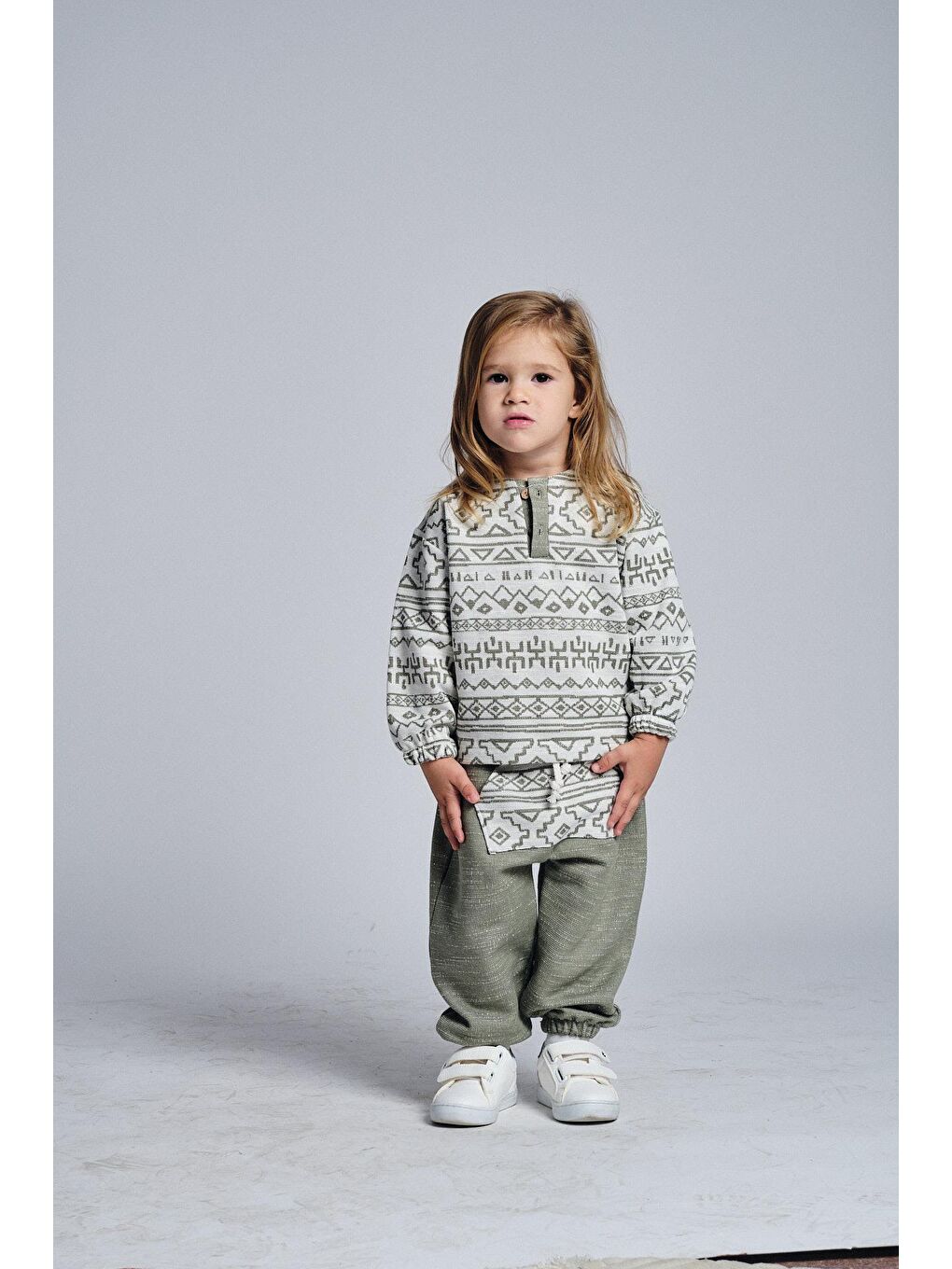 Haki Etnik Desen Pantolon Kanguru Cep 2 Li Takım