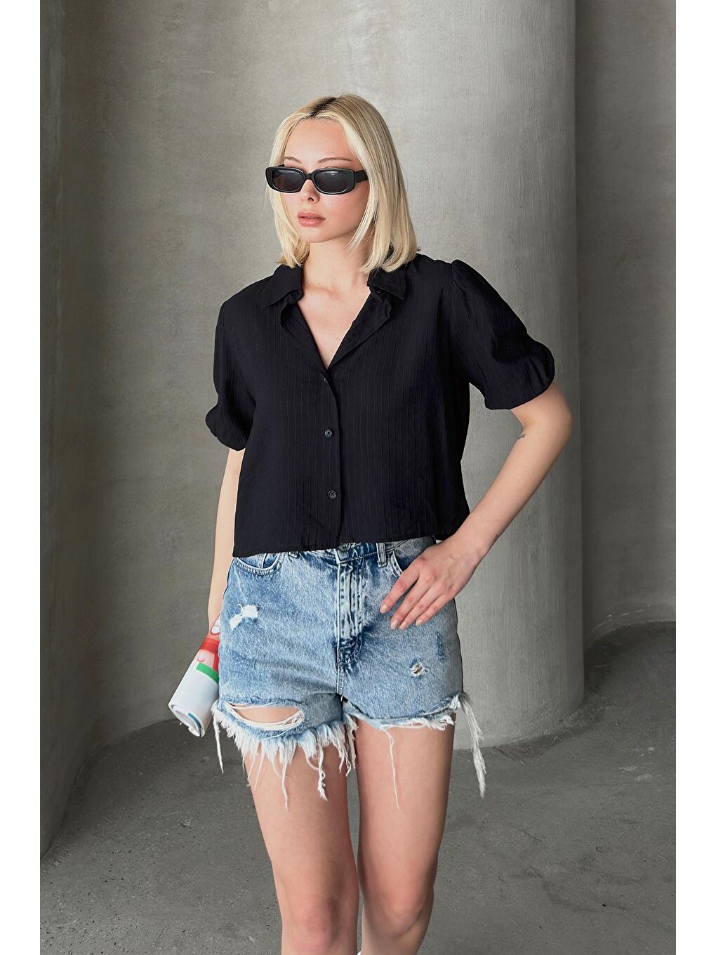 Siyah Prenses Kol Crop Çizgili Gömlek-3