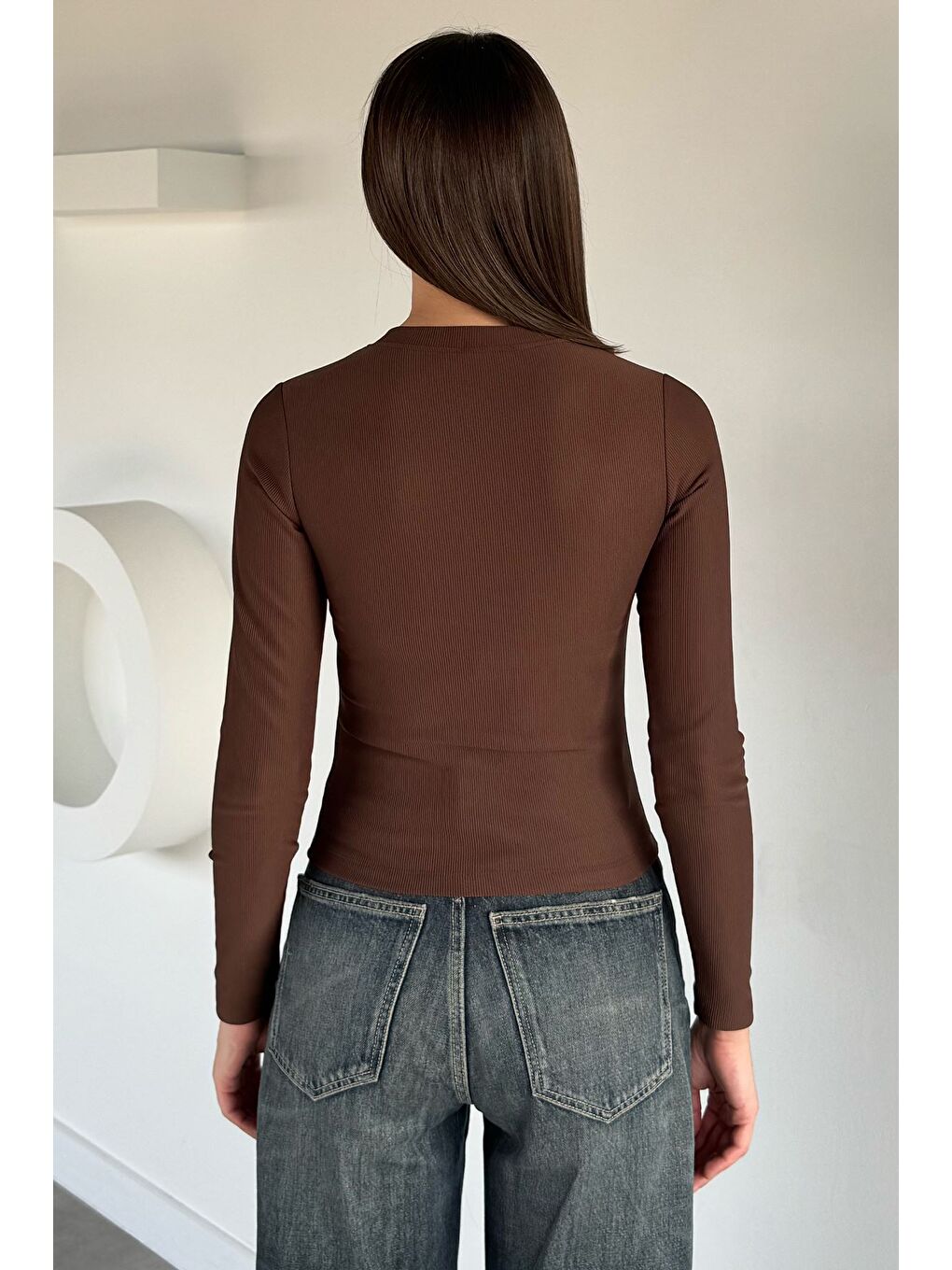 Kahverengi Kadın Gold Çıtçıtlı Kendinden Çizgi Desenli Bluz-3