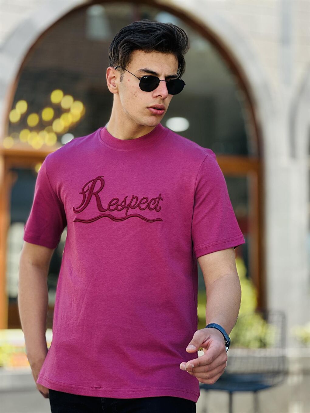 Miron Pembe Respect Nakışlı Kısa Kollu Tişört Regular Fit- Pembe