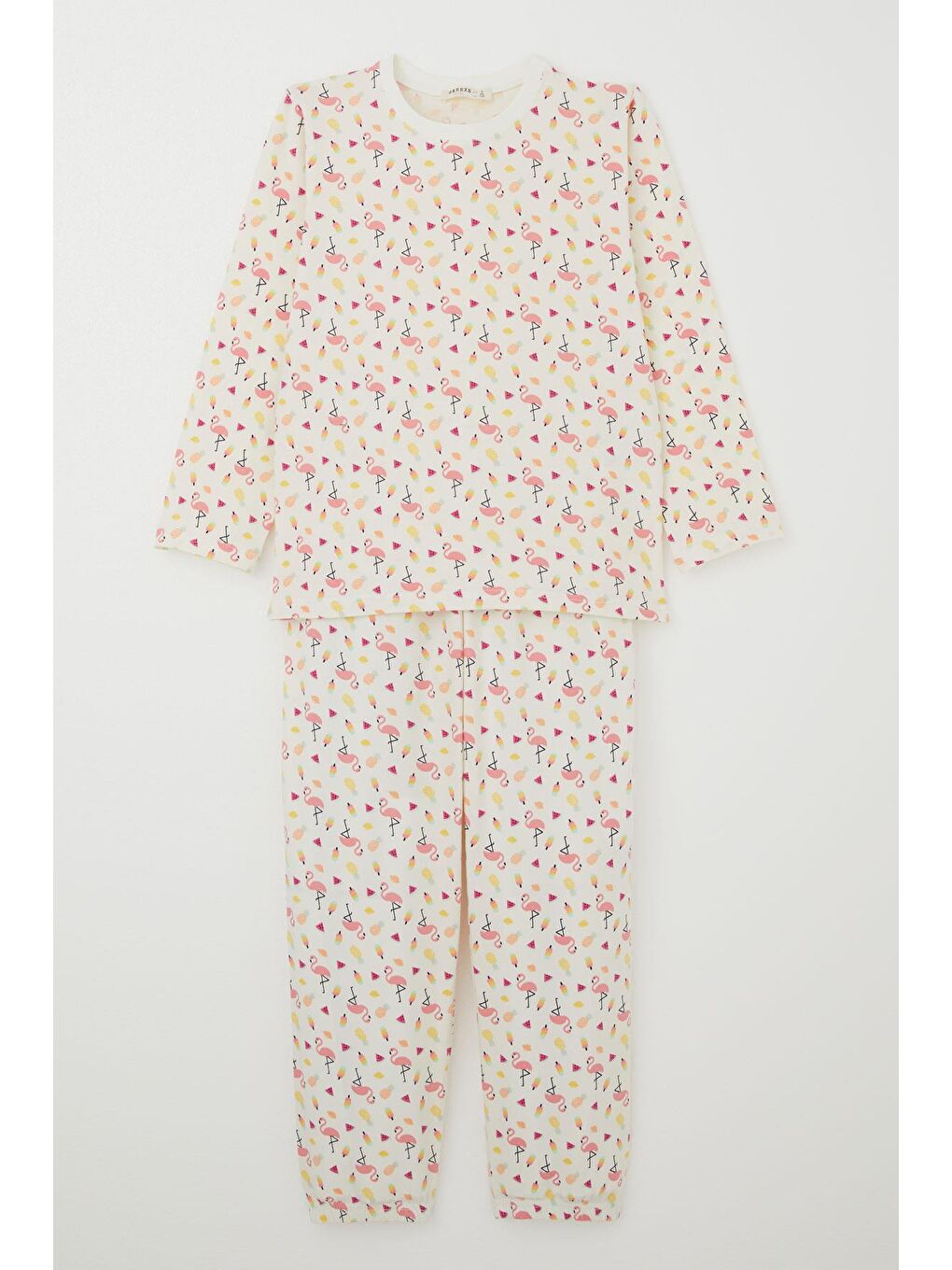 Kız Çocuk Pijama Takımı Tropikal Meyve & Flamingo Desenli Ekru (4 Yaş)