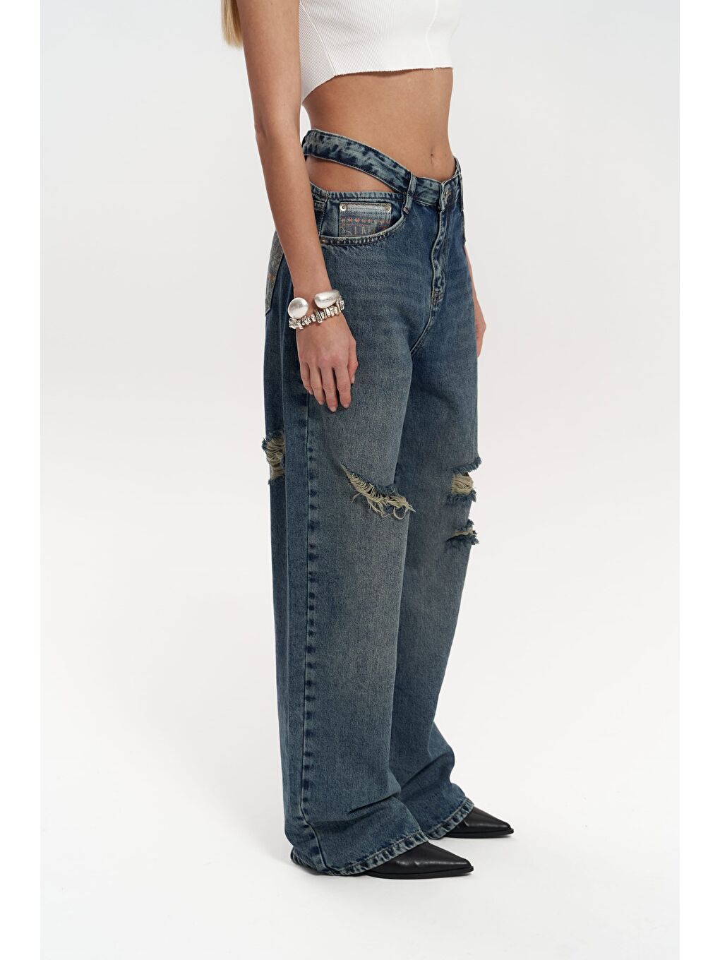 Oldwin Mavi Vintage Baskı Detay Jean Pantolon-2