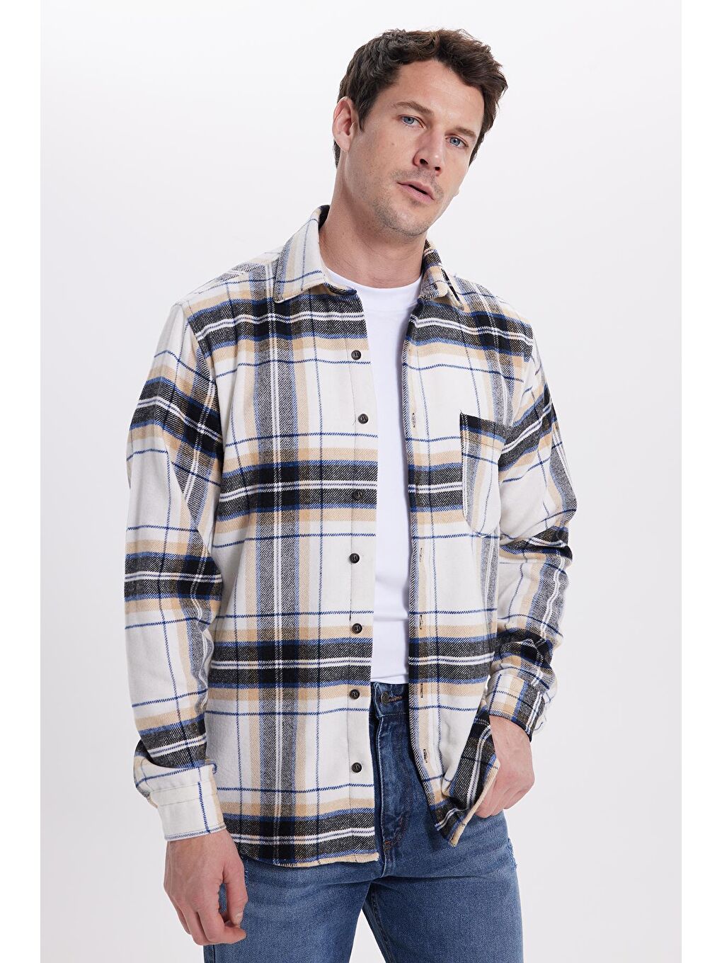 Ekru Erkek Regular Fit Rahat Kesim Kışlık Kareli Oduncu Gömlek-1