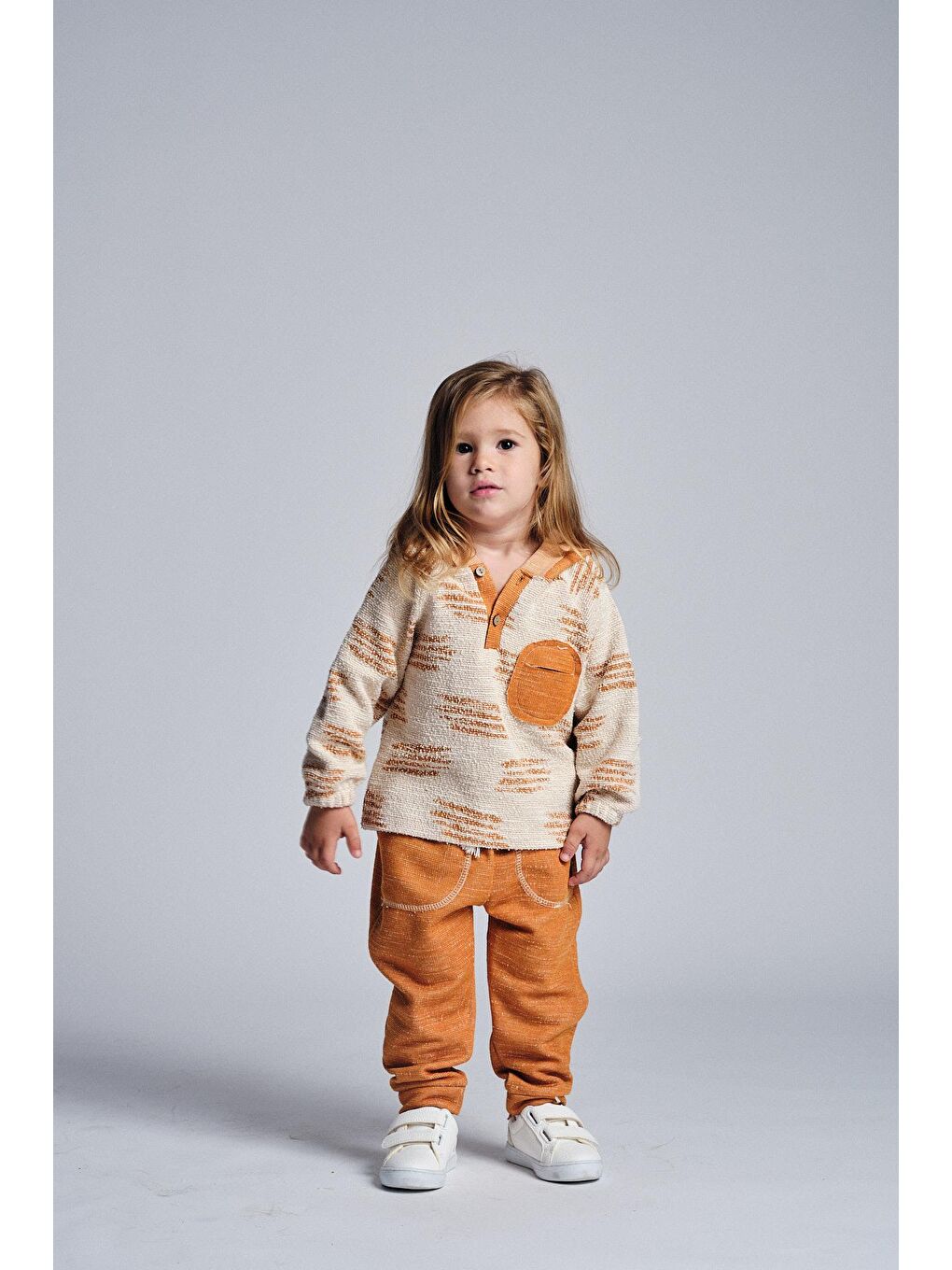 Turuncu Unisex Etnik Desen Kapüşonlu 2'li Takım-1