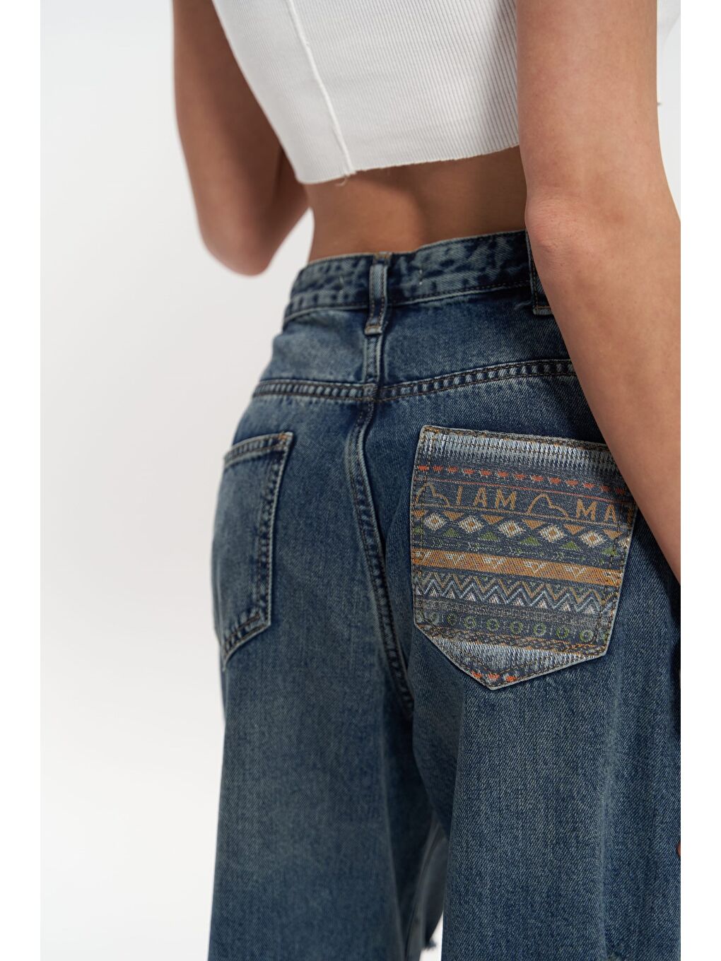 Oldwin Mavi Vintage Baskı Detay Jean Pantolon-4