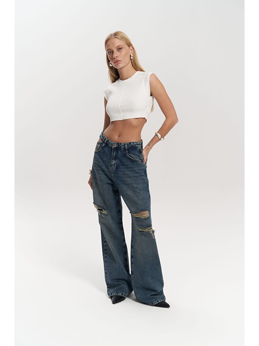 Oldwin Mavi Vintage Baskı Detay Jean Pantolon-5