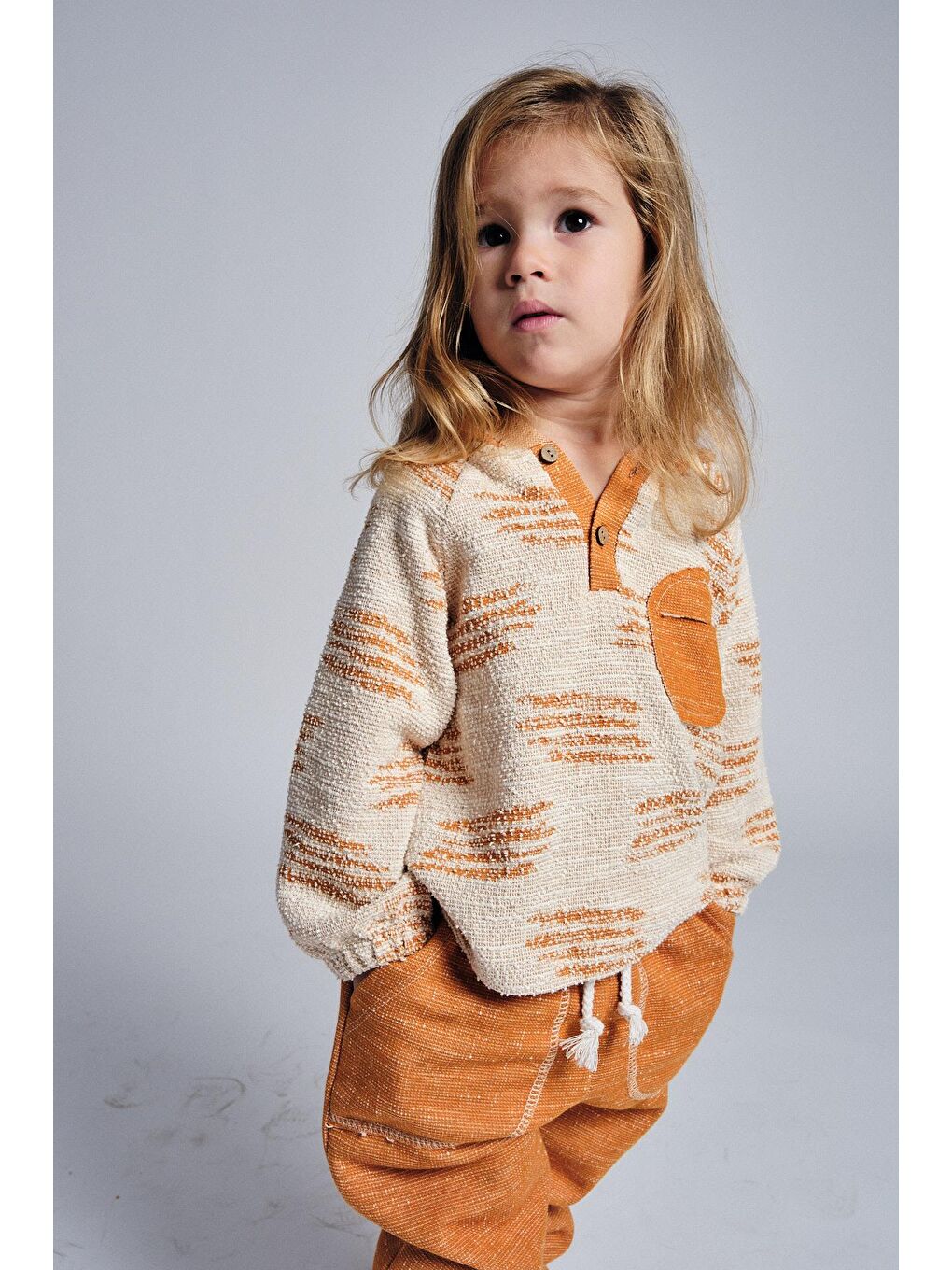 Turuncu Unisex Etnik Desen Kapüşonlu 2'li Takım-2