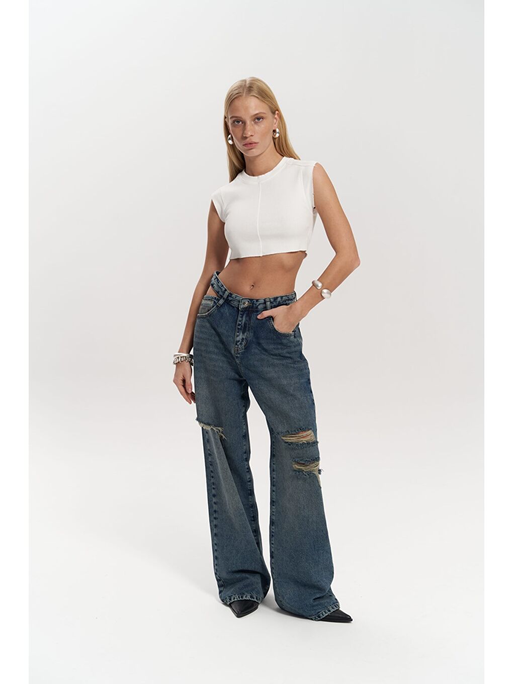 Oldwin Mavi Vintage Baskı Detay Jean Pantolon-6