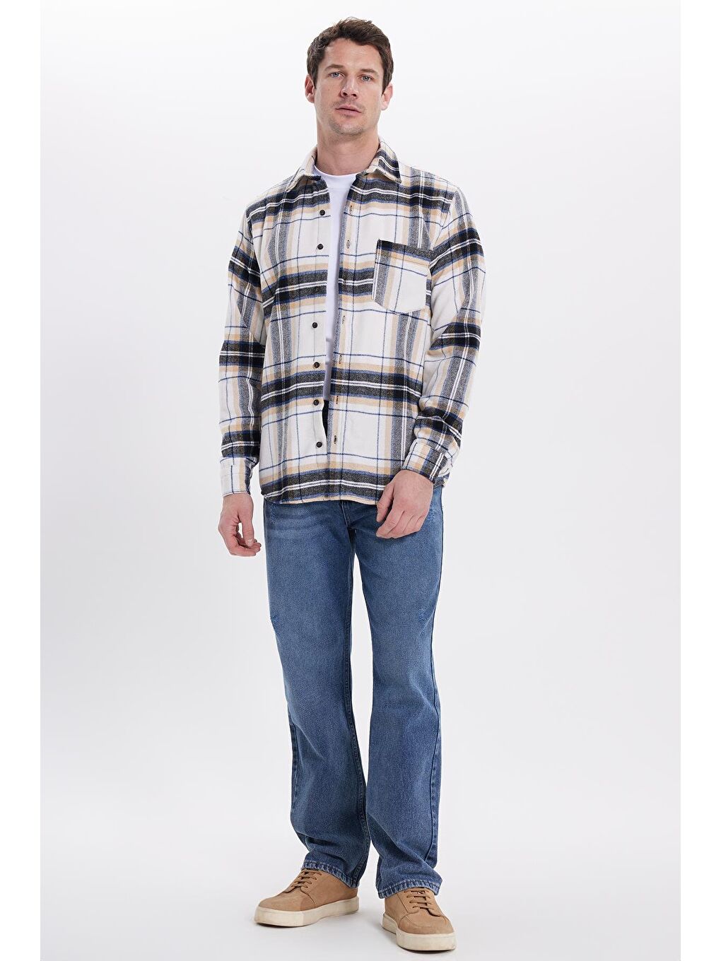 Ekru Erkek Regular Fit Rahat Kesim Kışlık Kareli Oduncu Gömlek-2