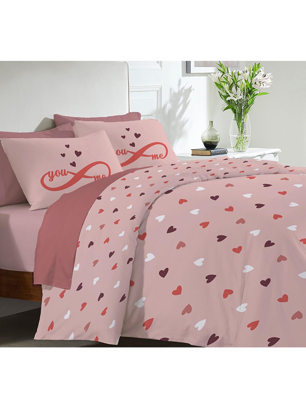 Pembe Kalp, sevgililer günü özel desen baskılı çift Kişilik 200x220 Cm ÇARŞAFSIZ Nevresim Takımı