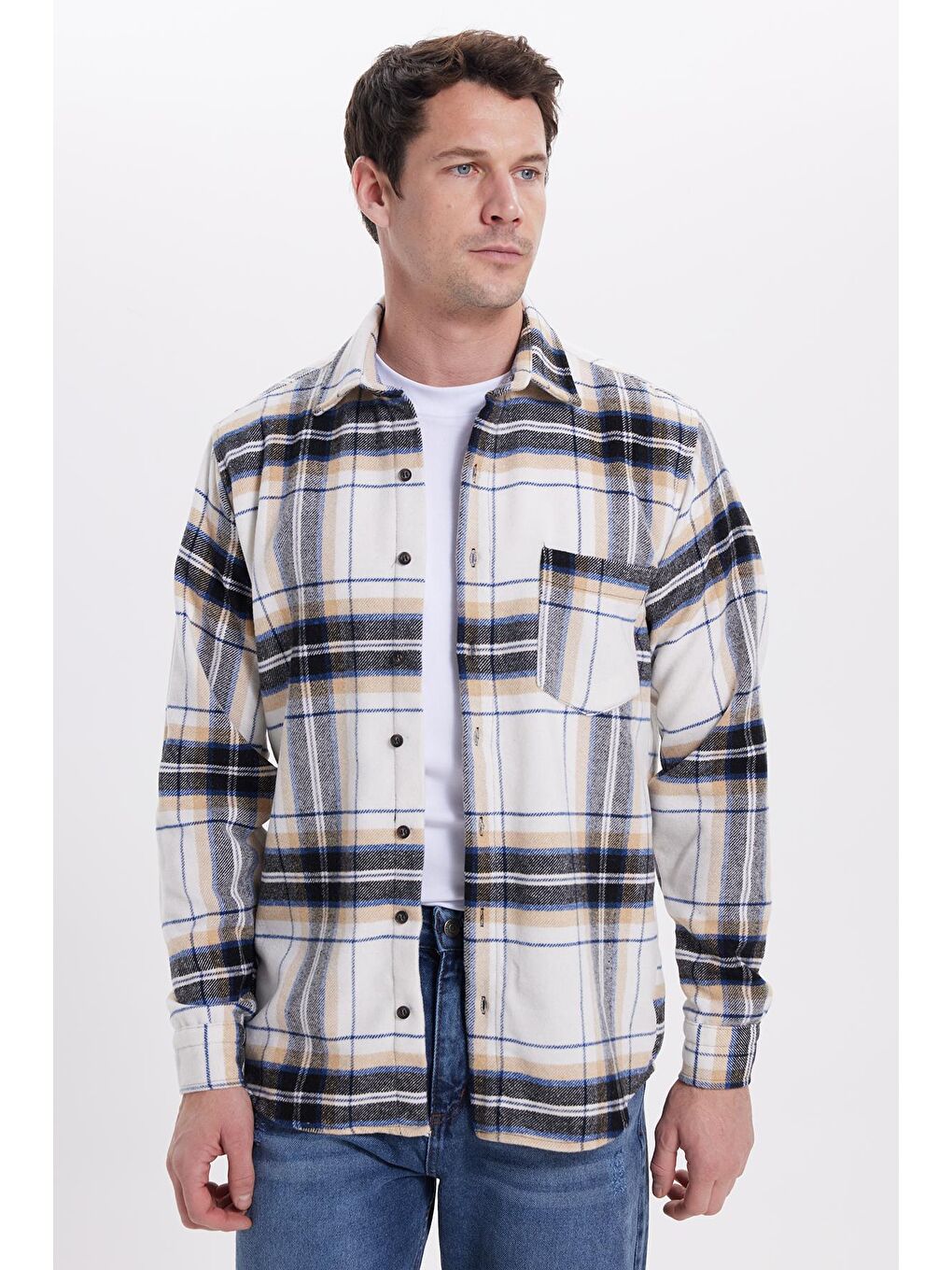 Ekru Erkek Regular Fit Rahat Kesim Kışlık Kareli Oduncu Gömlek-6