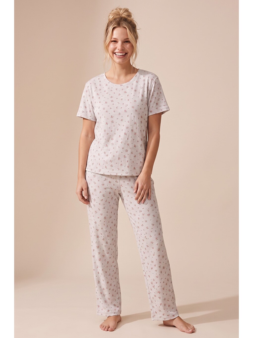 Bej Pamuklu Fitilli Kaşkorse Örme Pijama Takım 26120402-1