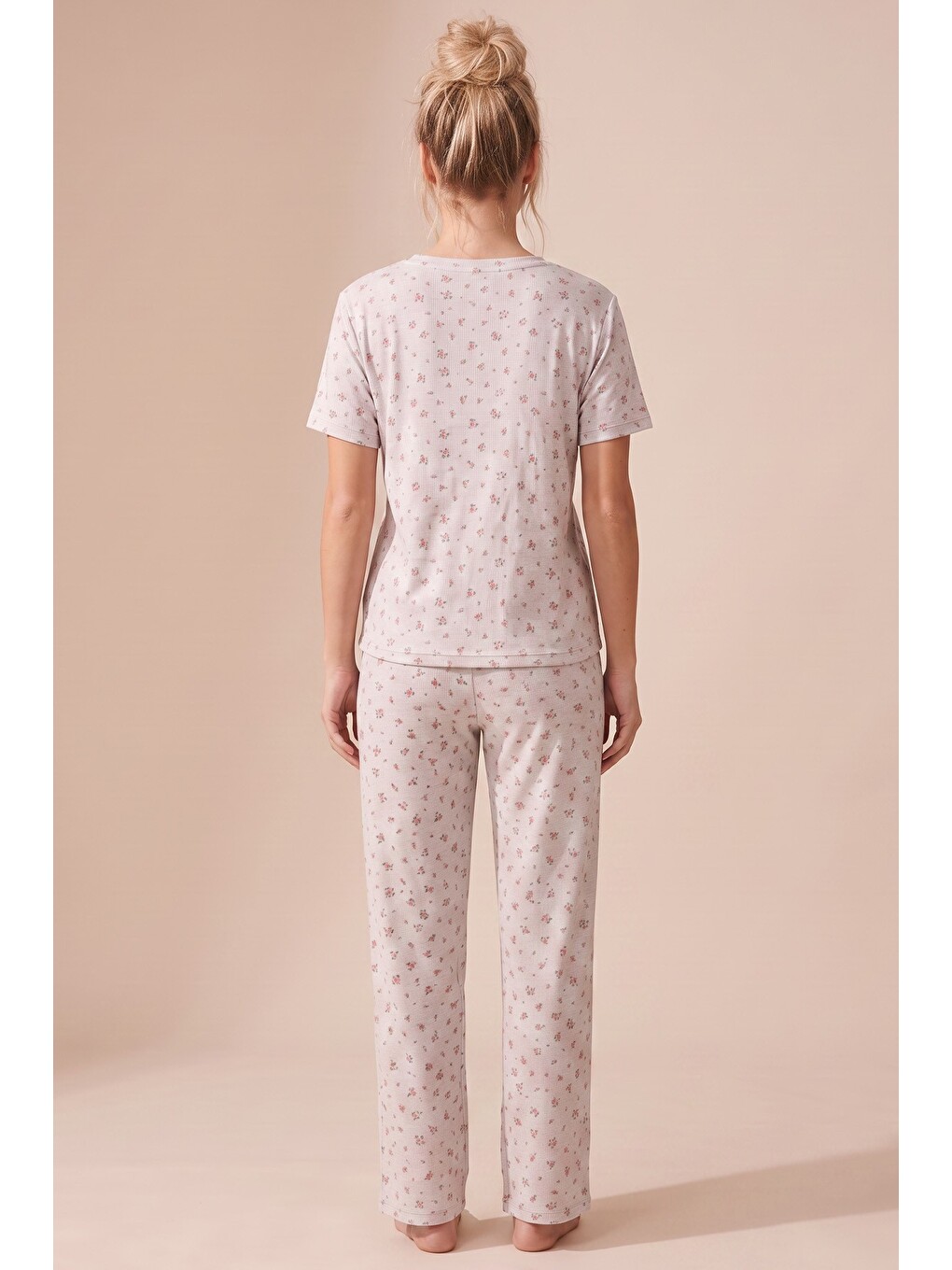 Bej Pamuklu Fitilli Kaşkorse Örme Pijama Takım 26120402-2