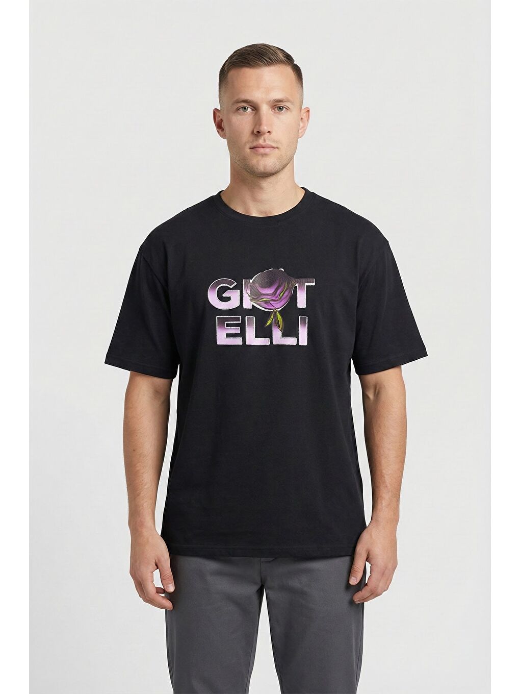 Giotelli Siyah Manfredo Baskılı Oversize %100 Pamuk Bisiklet Yaka Kısa Kol T-Shirt