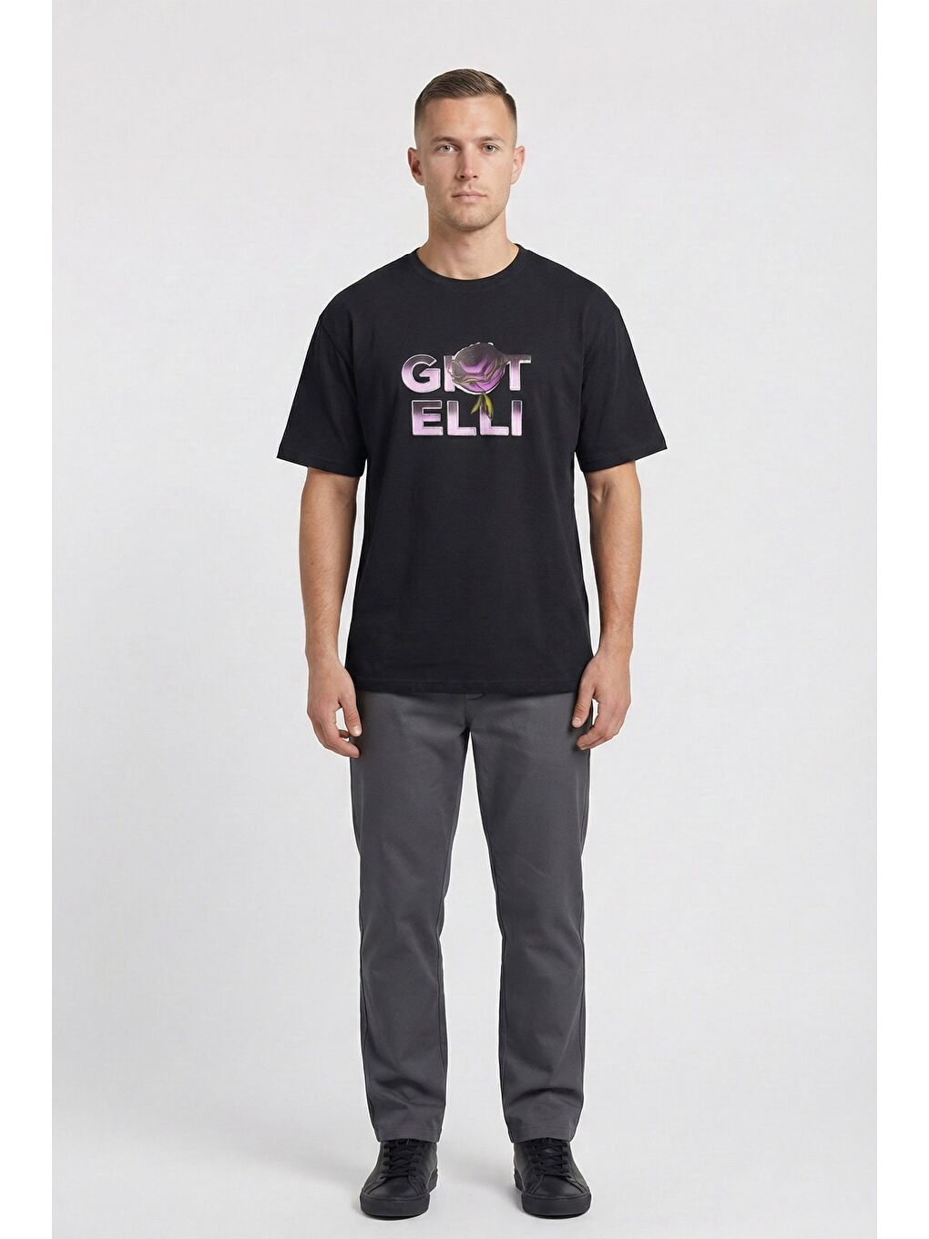 Giotelli Siyah Manfredo Baskılı Oversize %100 Pamuk Bisiklet Yaka Kısa Kol T-Shirt-1