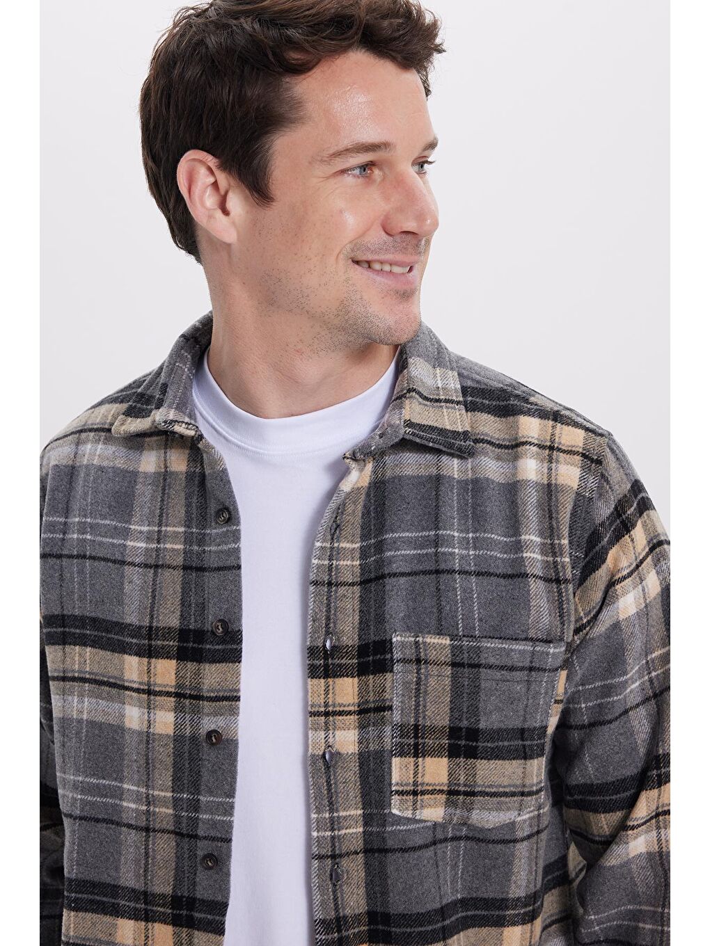 Gri Erkek Regular Fit Rahat Kesim Kışlık Kareli Oduncu Gömlek-1