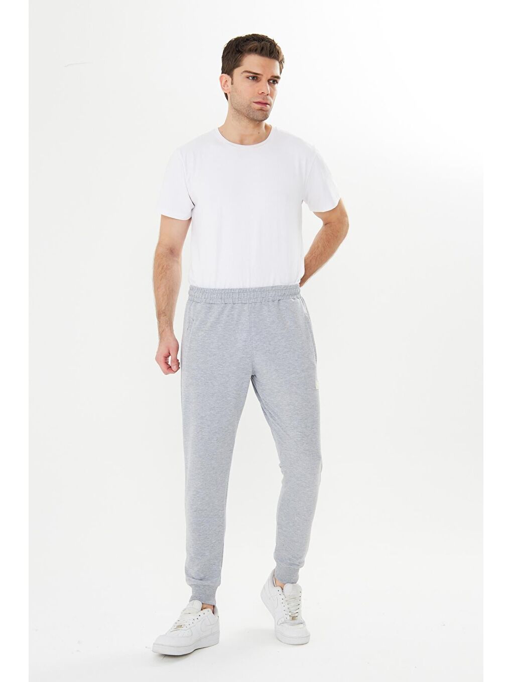 Erkek Pamuklu Fermuarlı Cepli Eşofman Altı Gri Melanj 7819-G.M-1